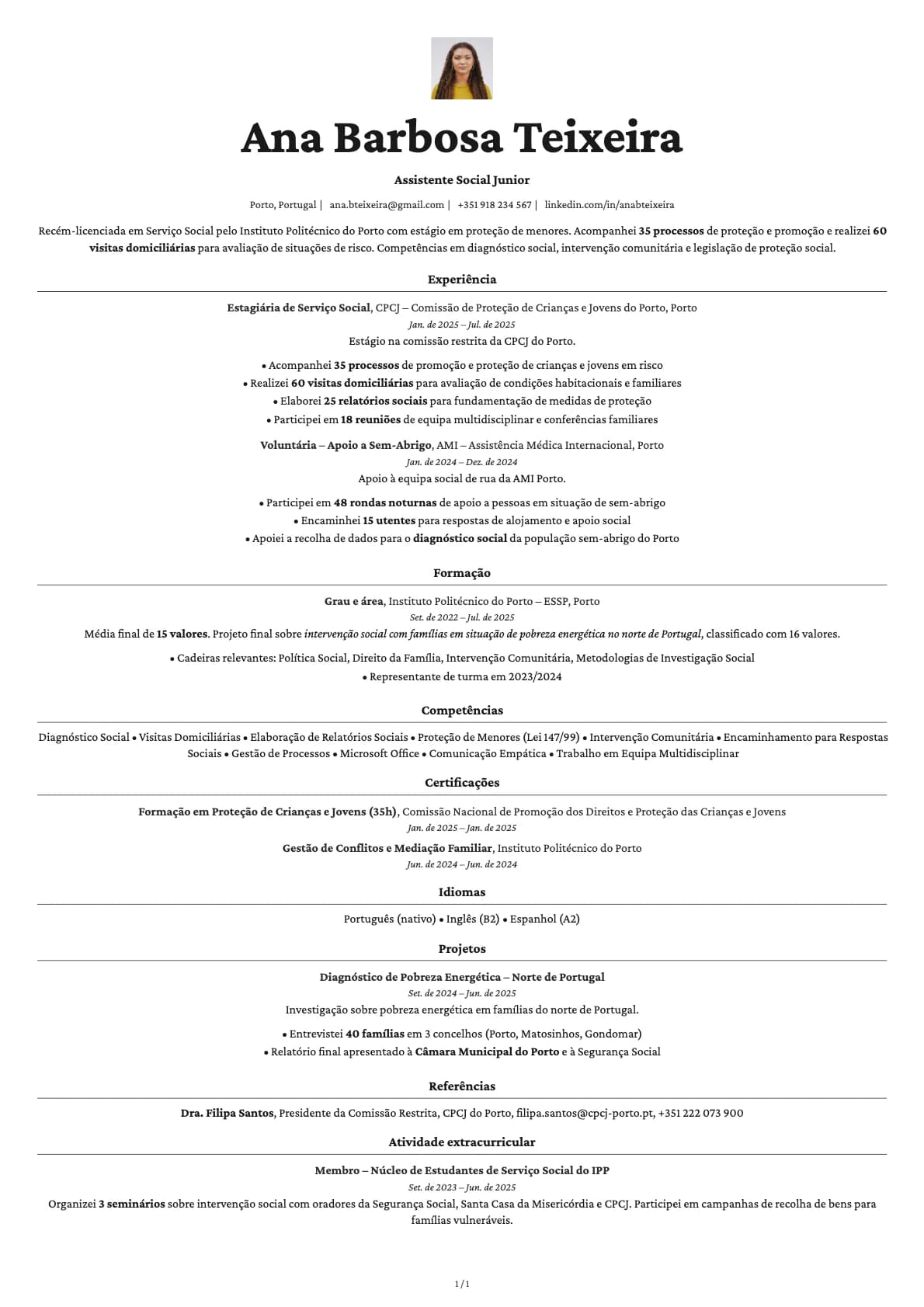 Assistente Social Junior resume example