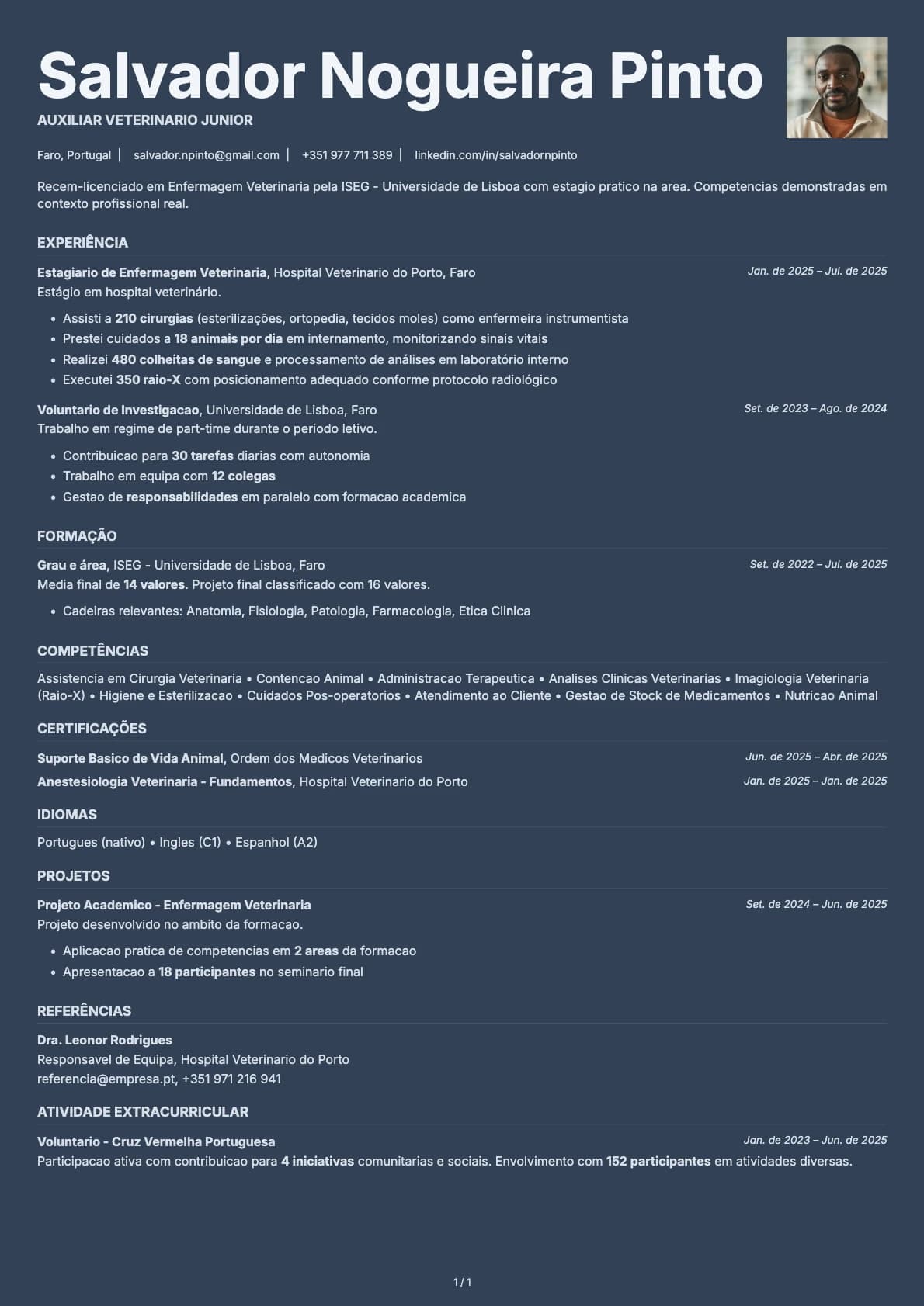 Auxiliar Veterinario Junior resume example