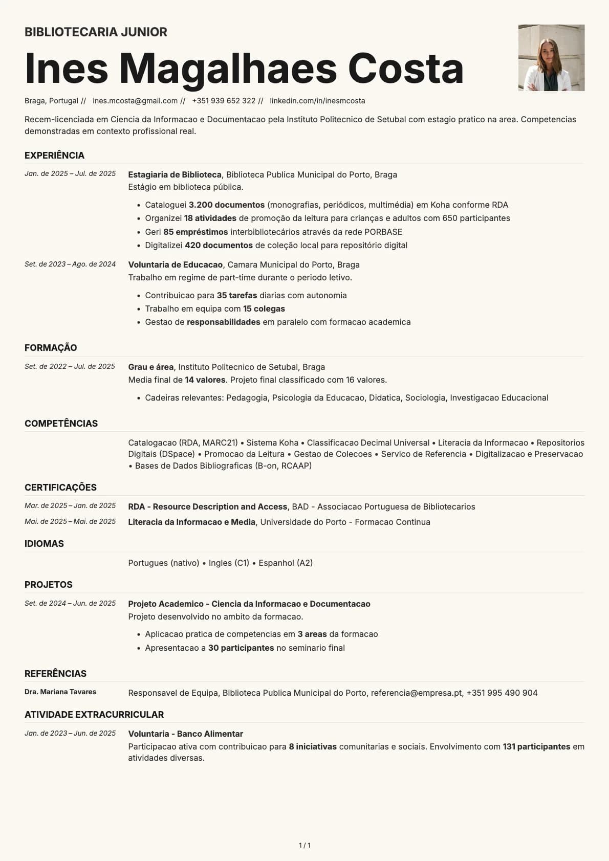 Bibliotecaria Junior resume example