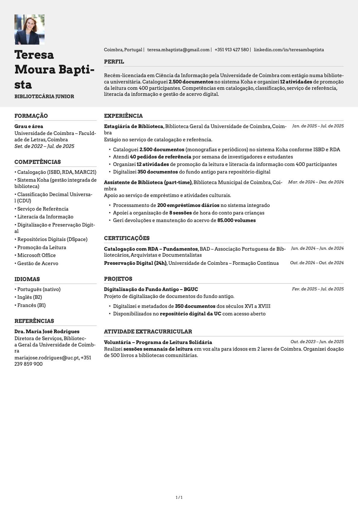 Bibliotecario Junior resume example