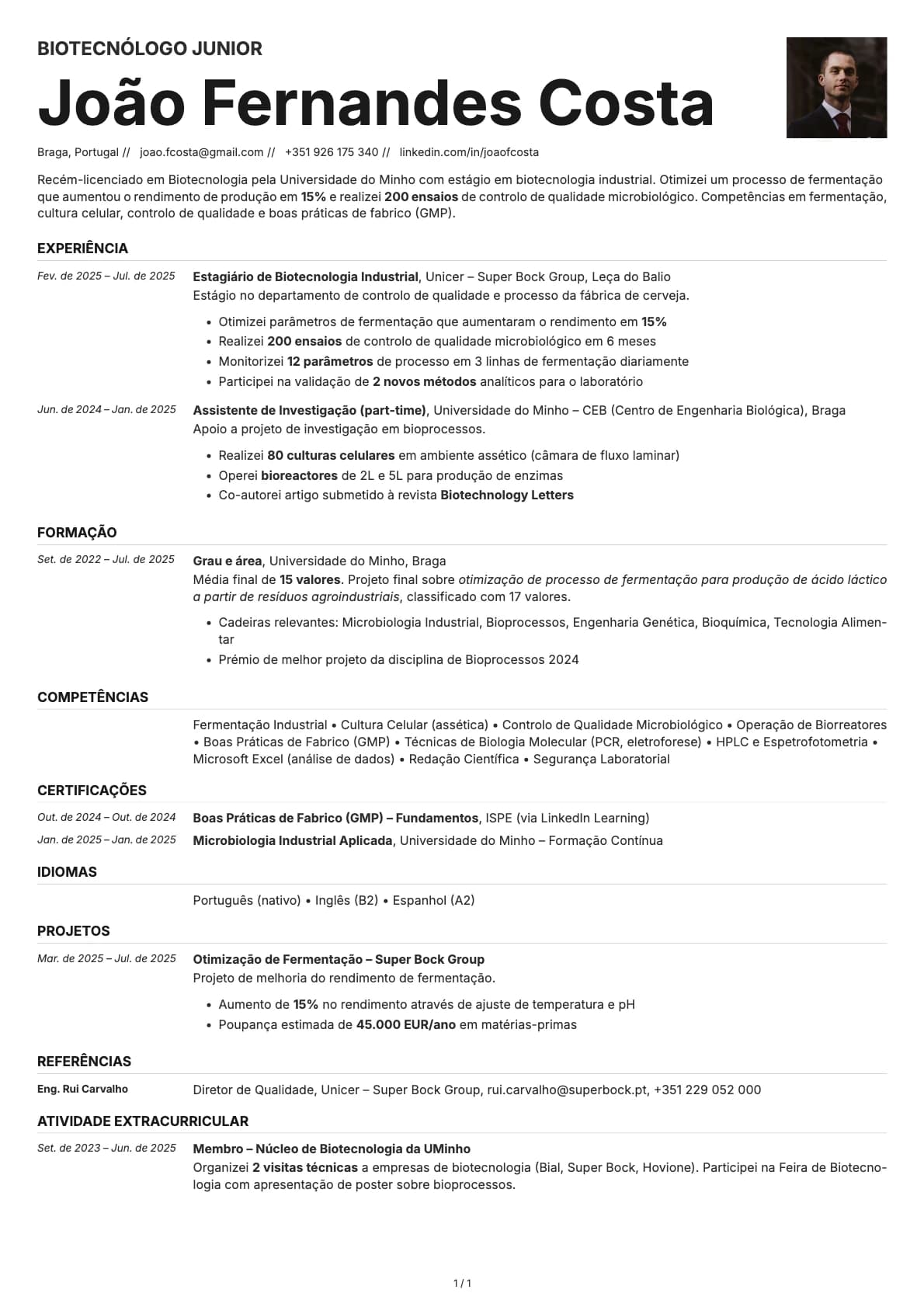 Biotecnologo Junior resume example
