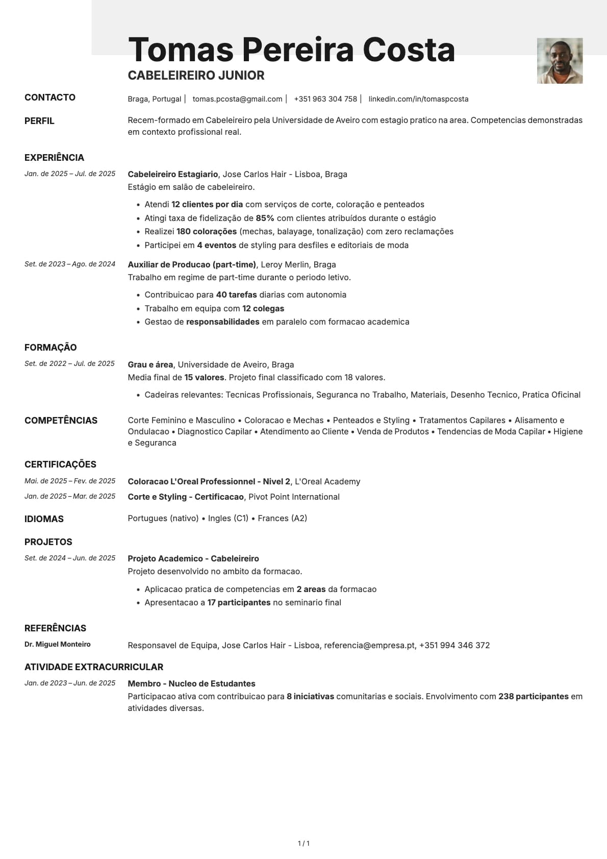 Cabeleireiro Junior resume example