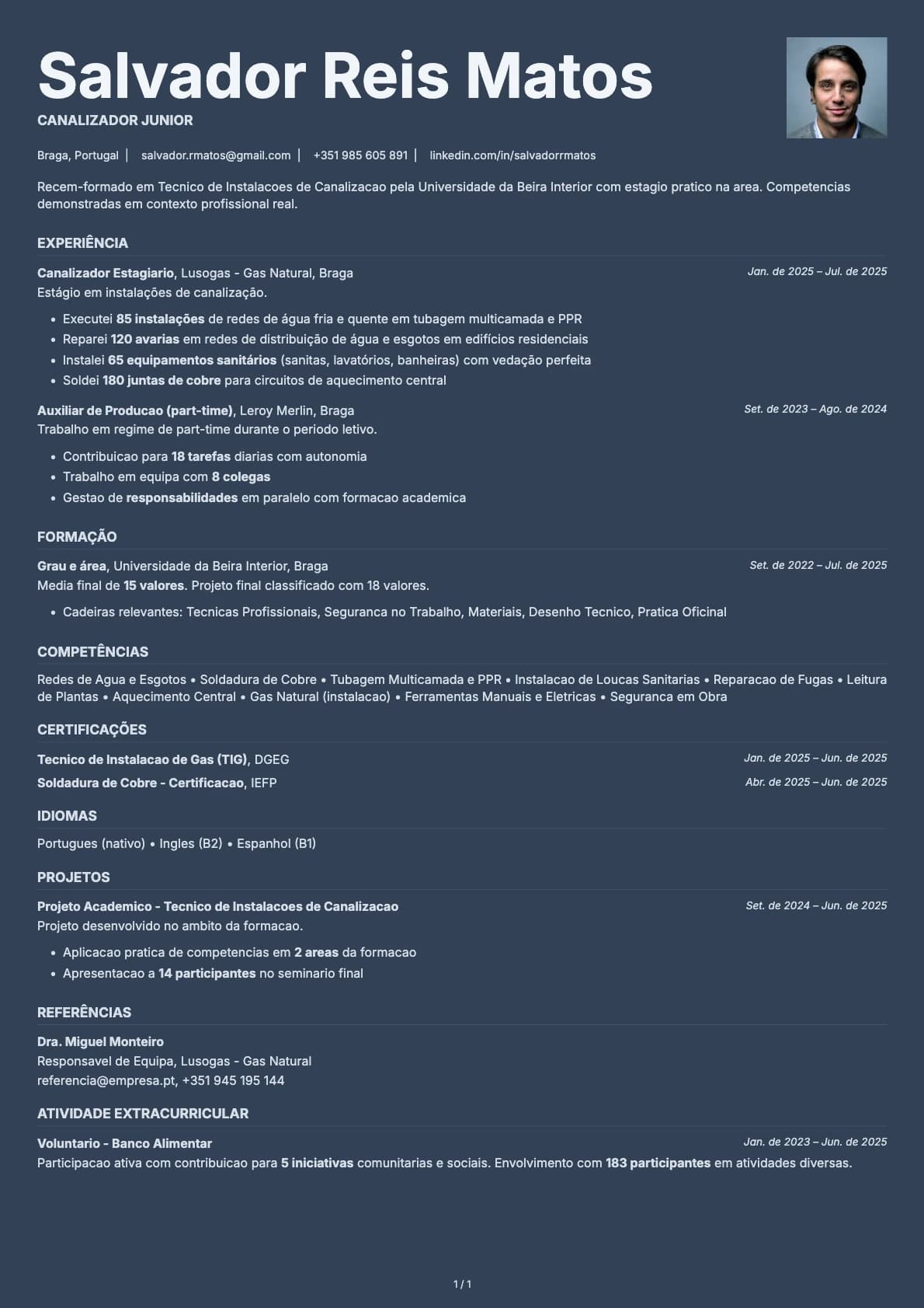 Canalizador Junior resume example