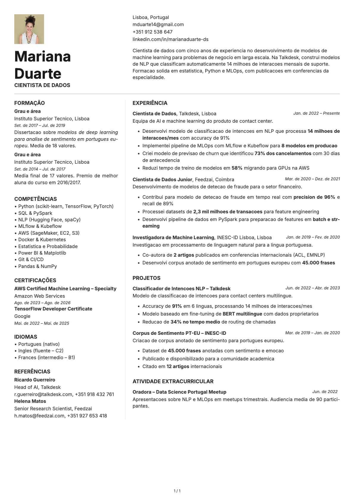 Cientista de Dados resume example