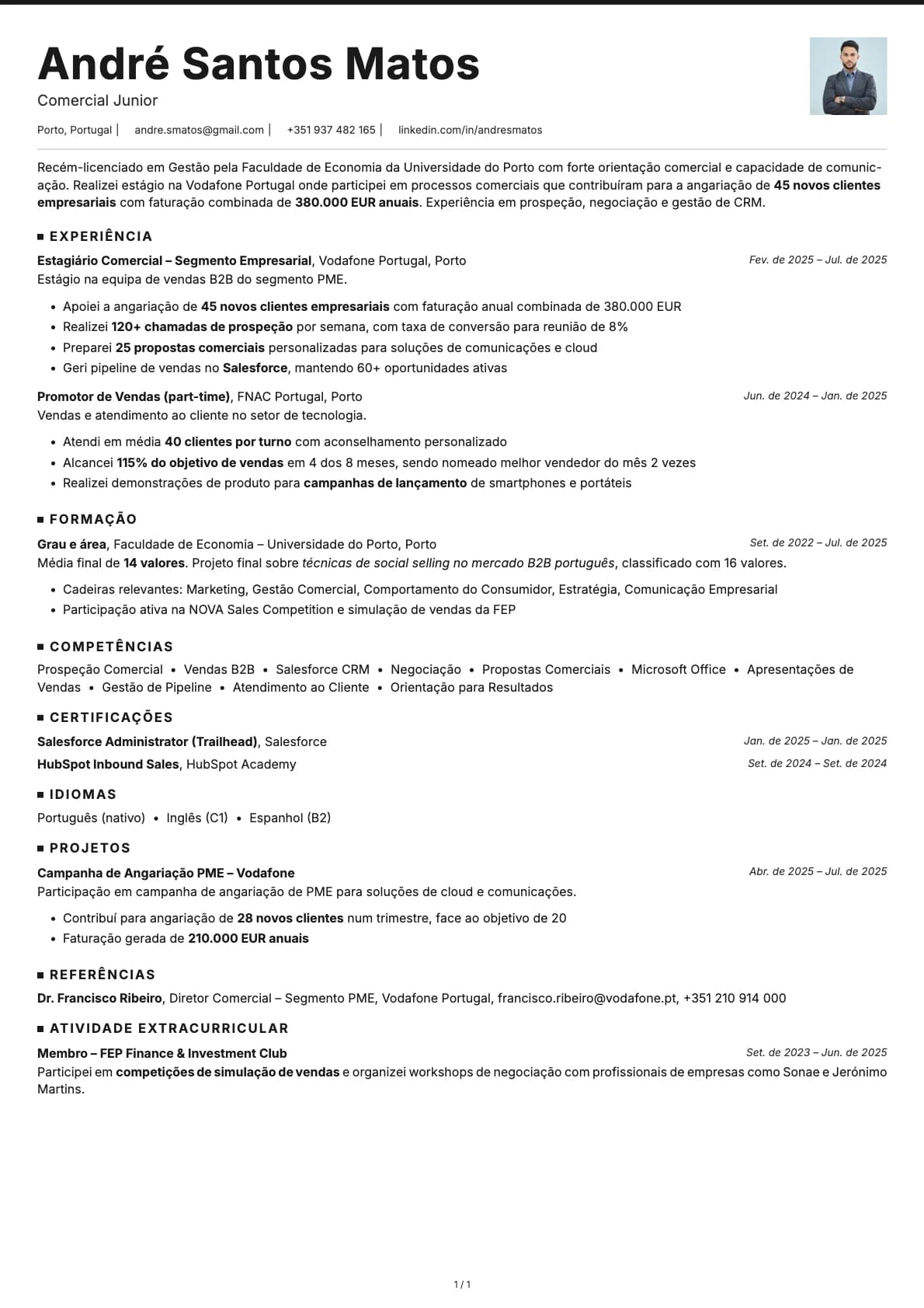 Comercial Junior resume example