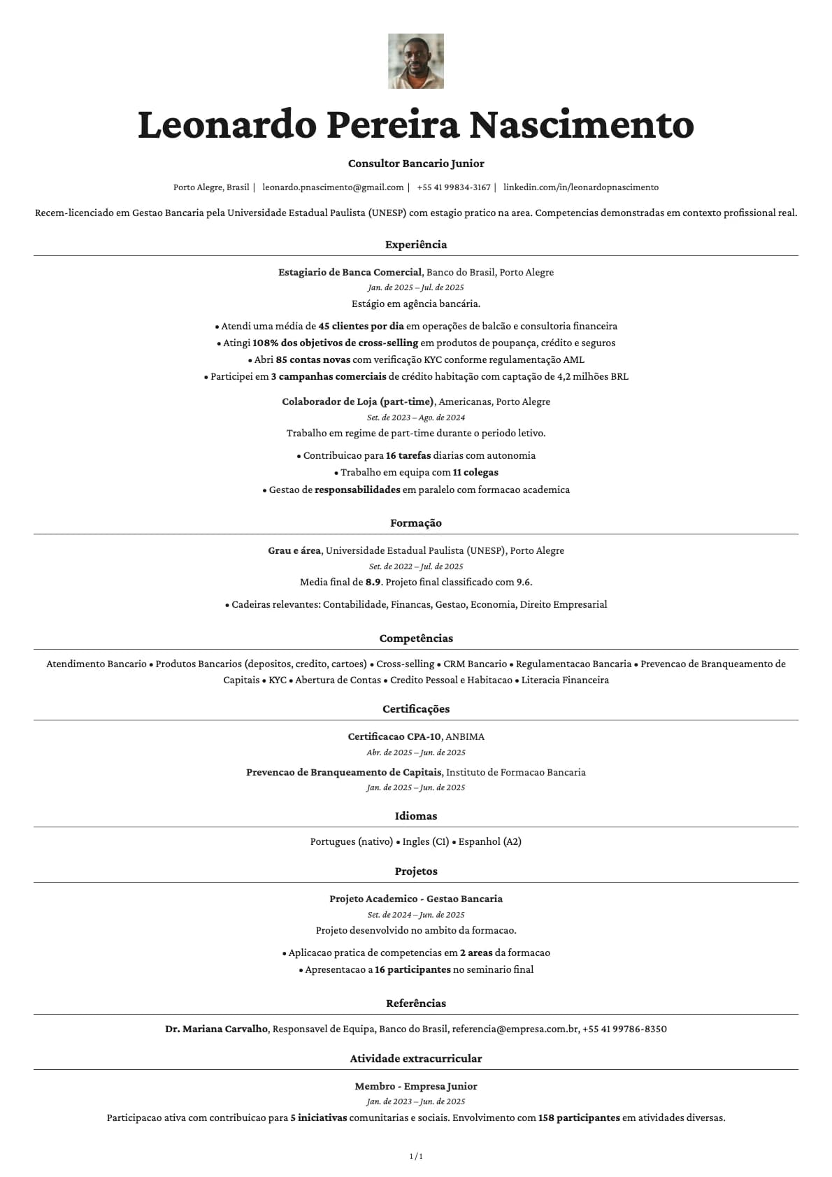 Consultor Bancario Junior resume example