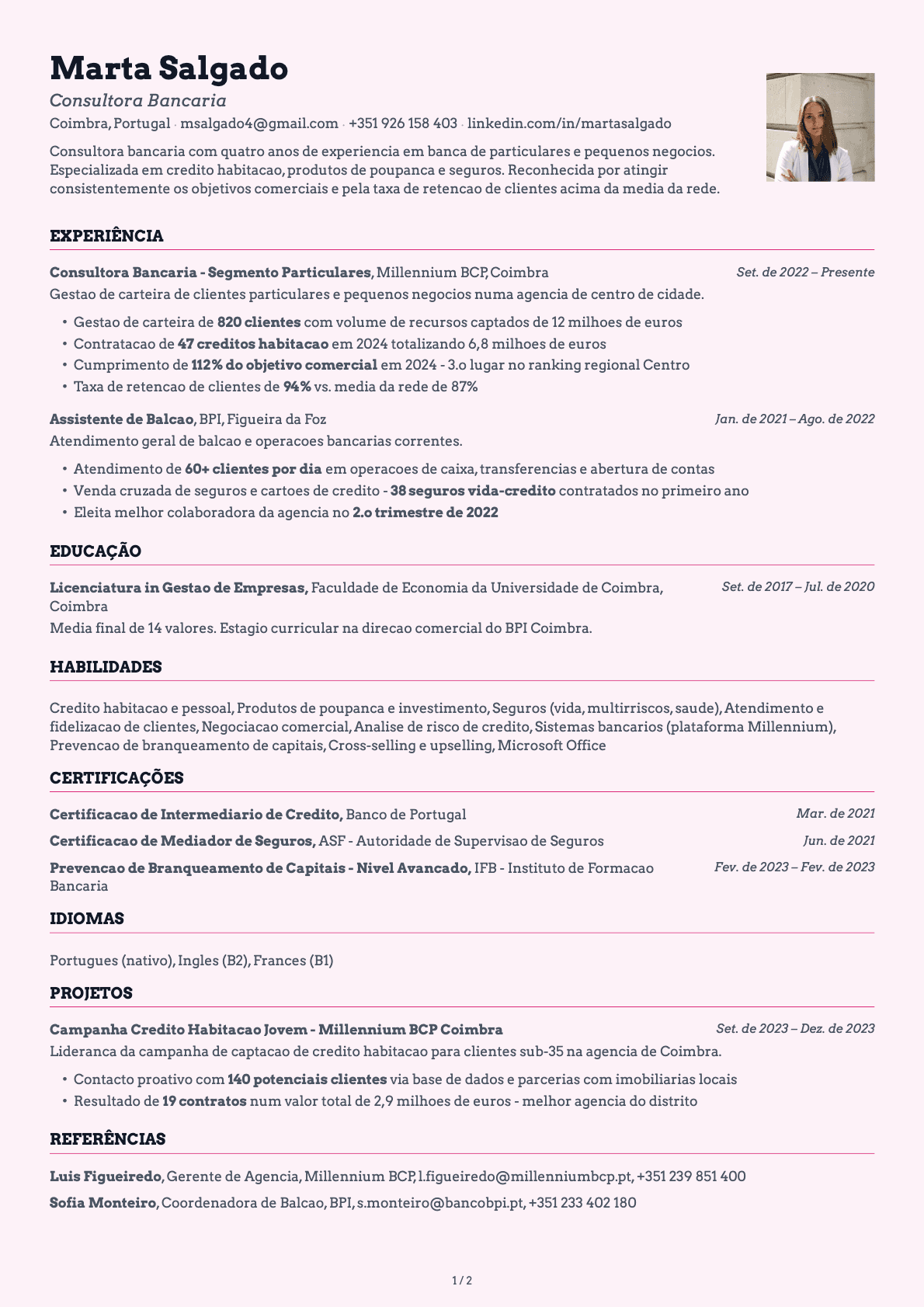 Consultor Bancario resume example