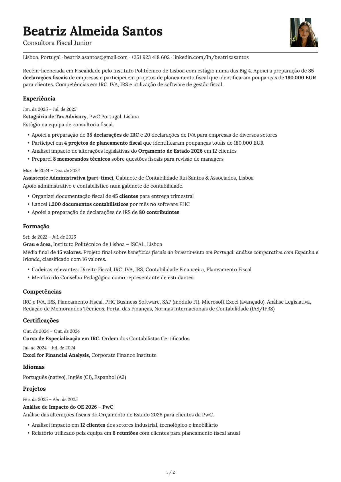 Consultor Fiscal Junior resume example