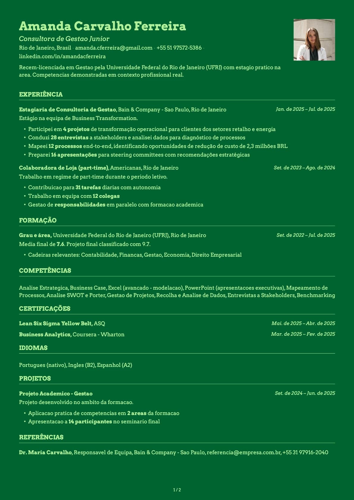 Consultora de Gestao Junior resume example