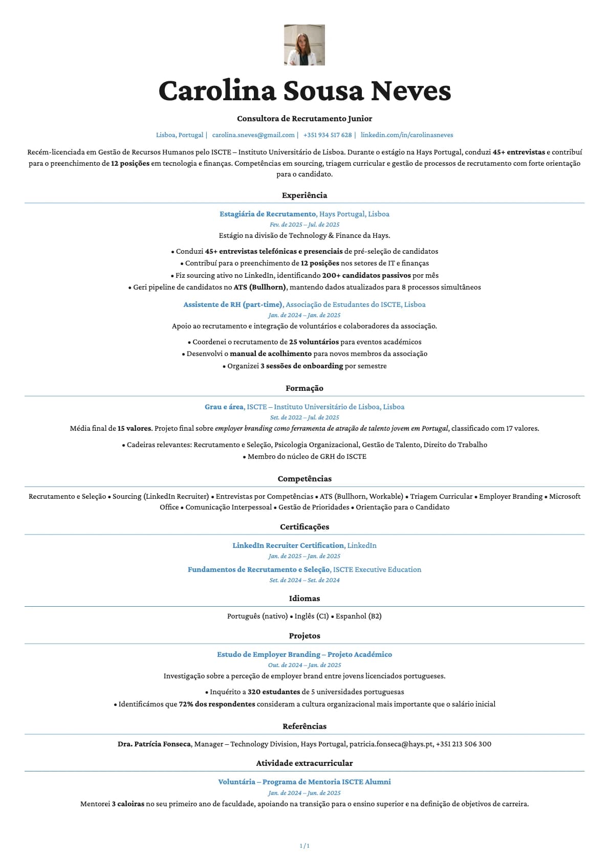 Consultor de Recrutamento Junior resume example
