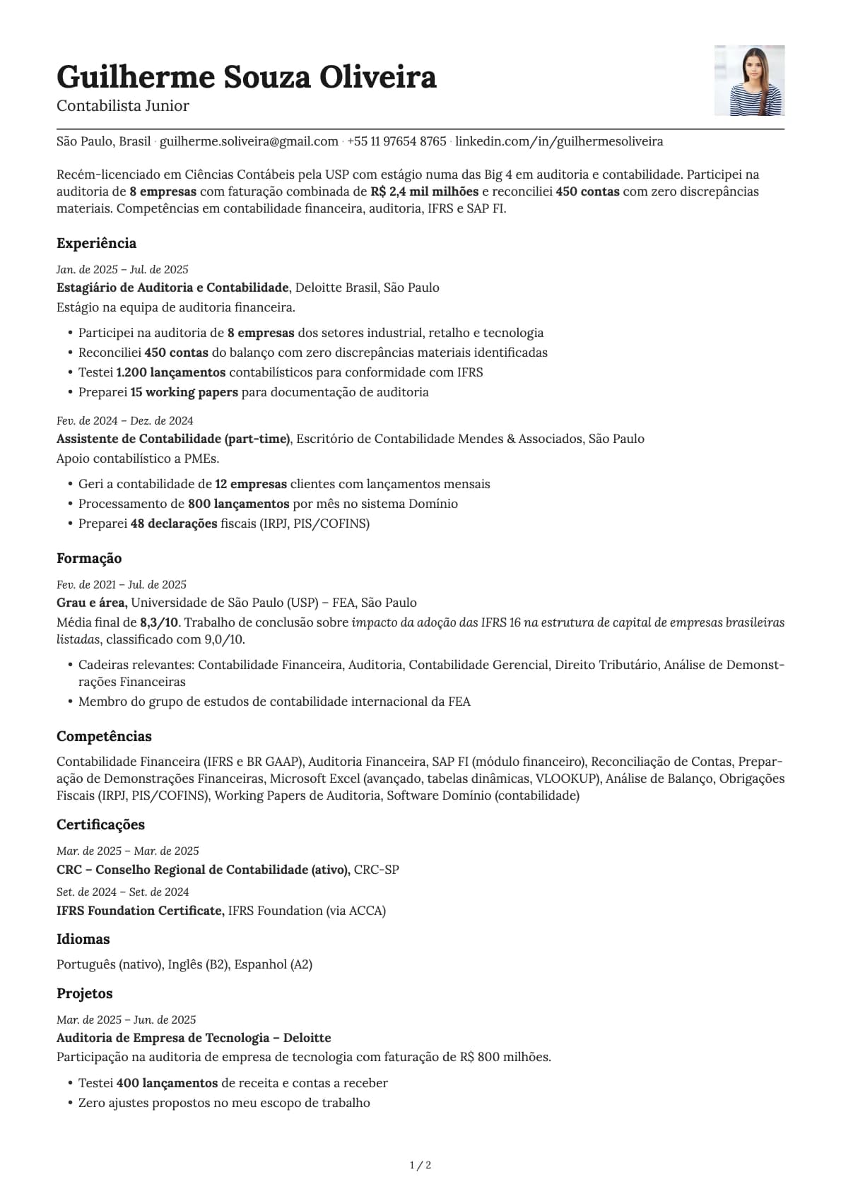 Contabilista Junior resume example