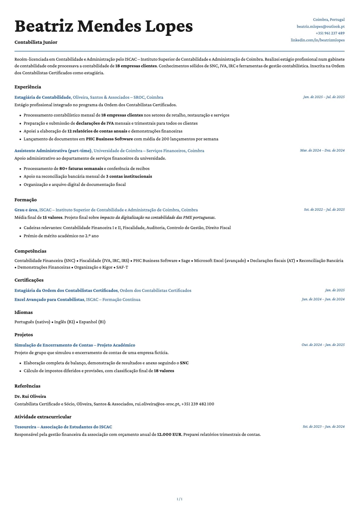 Contabilista Junior resume example
