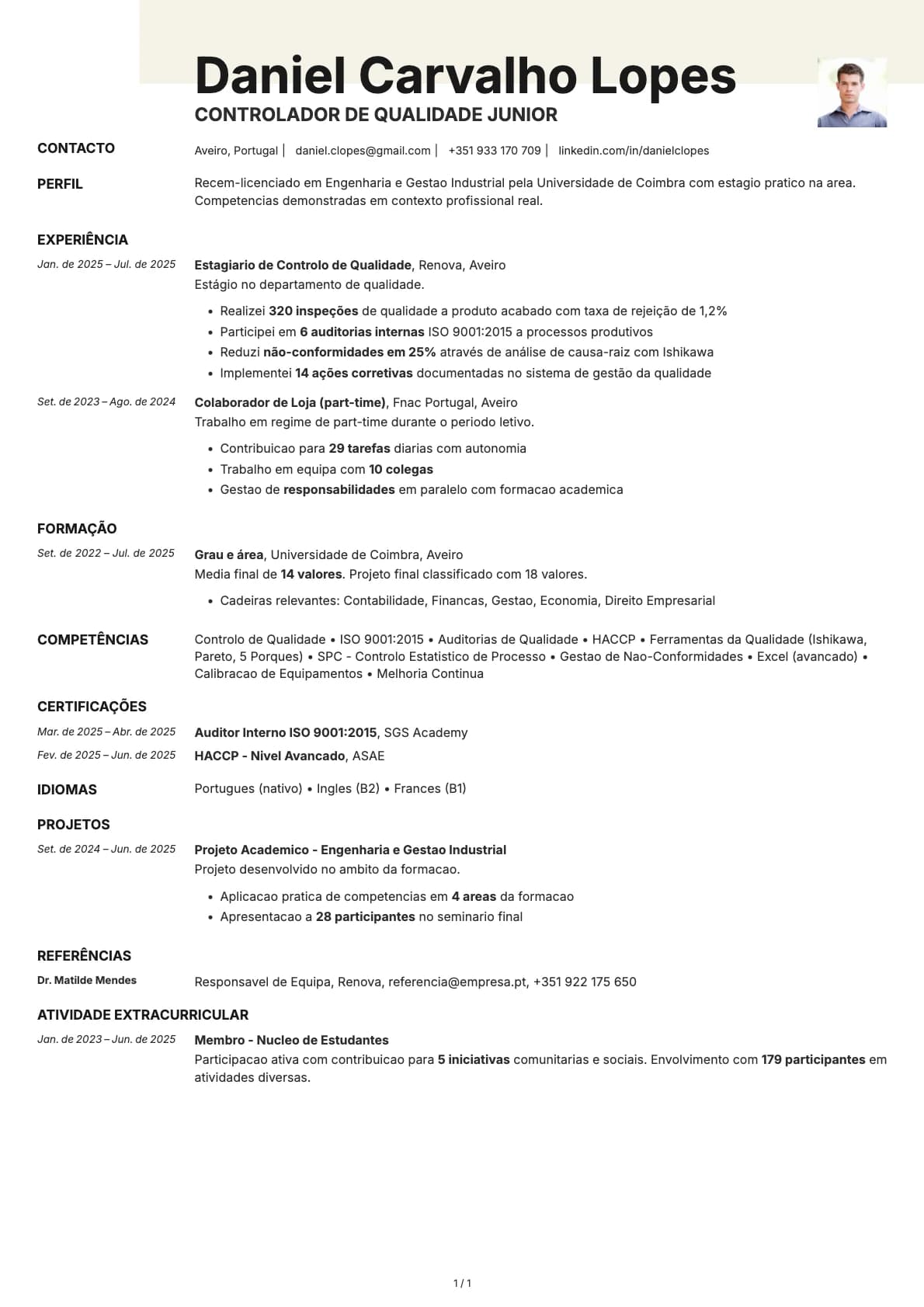 Controlador de Qualidade Junior resume example