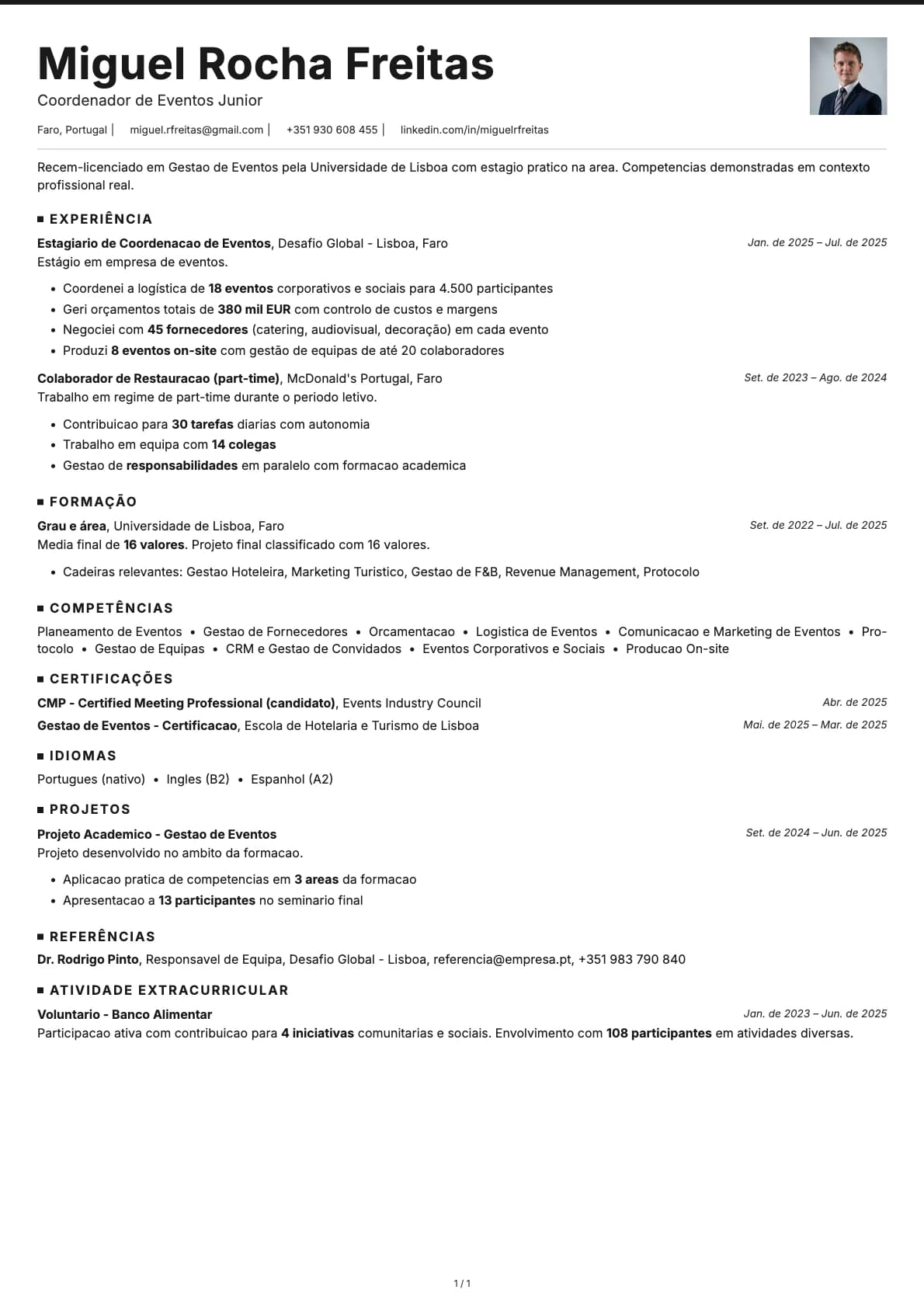 Coordenador de Eventos Junior resume example