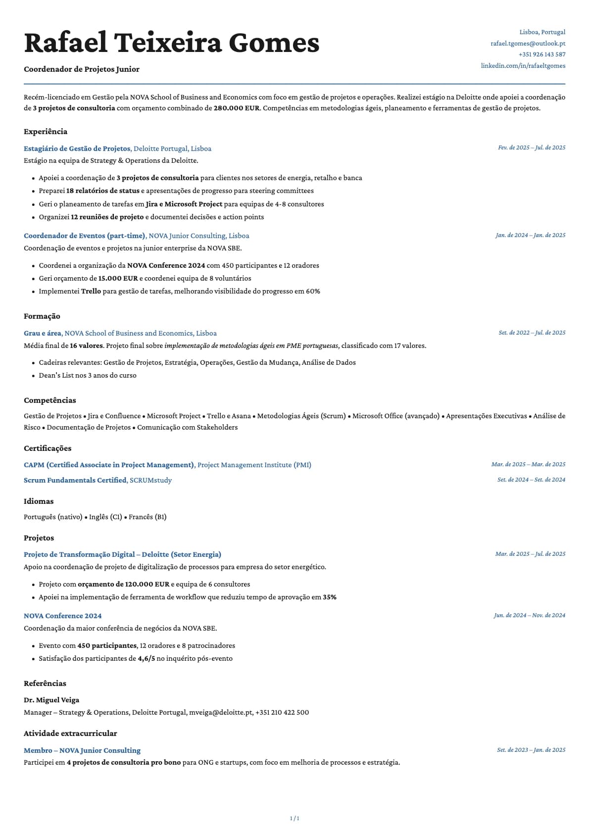 Coordenador de Projetos Junior resume example