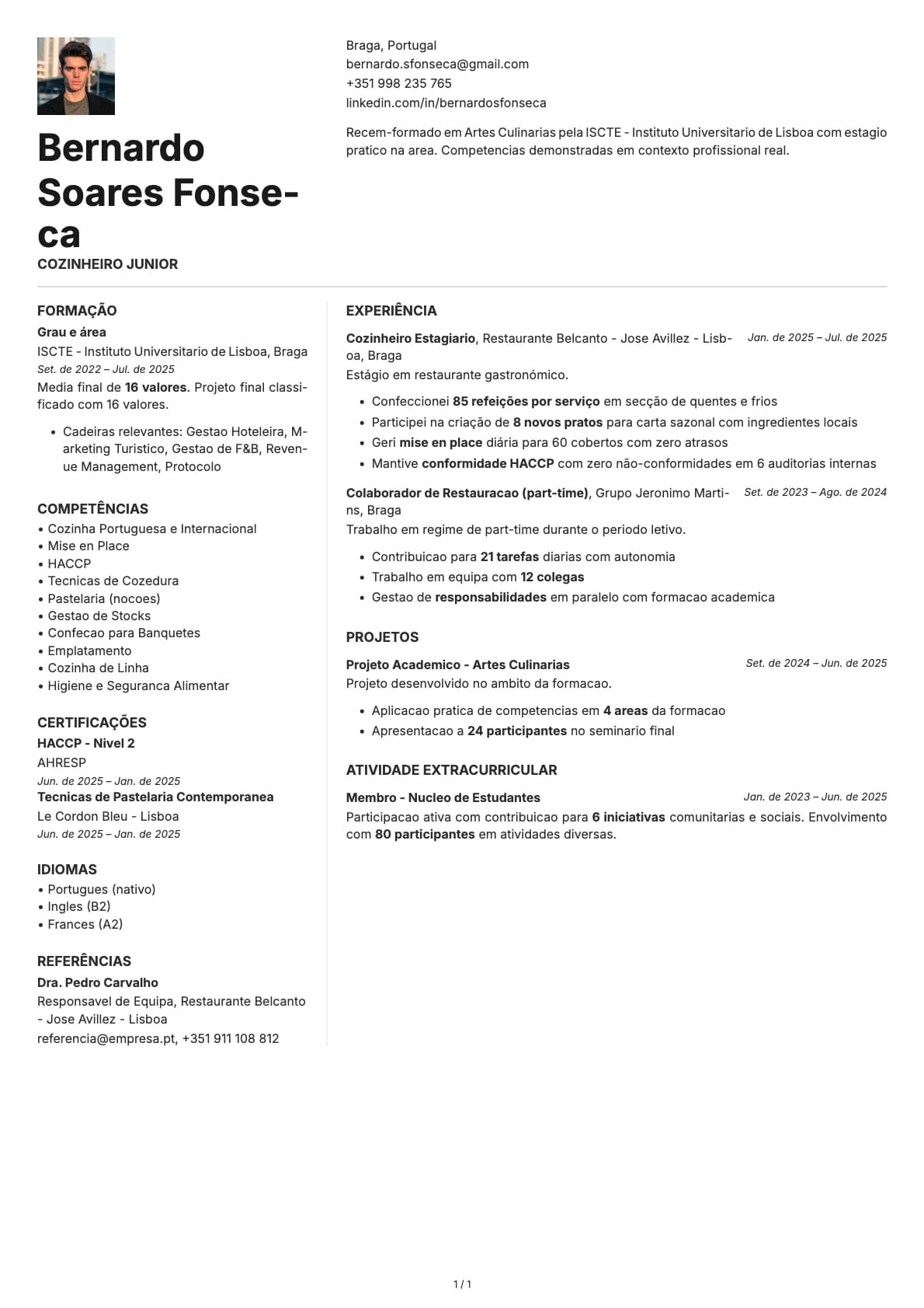 Cozinheiro Junior resume example