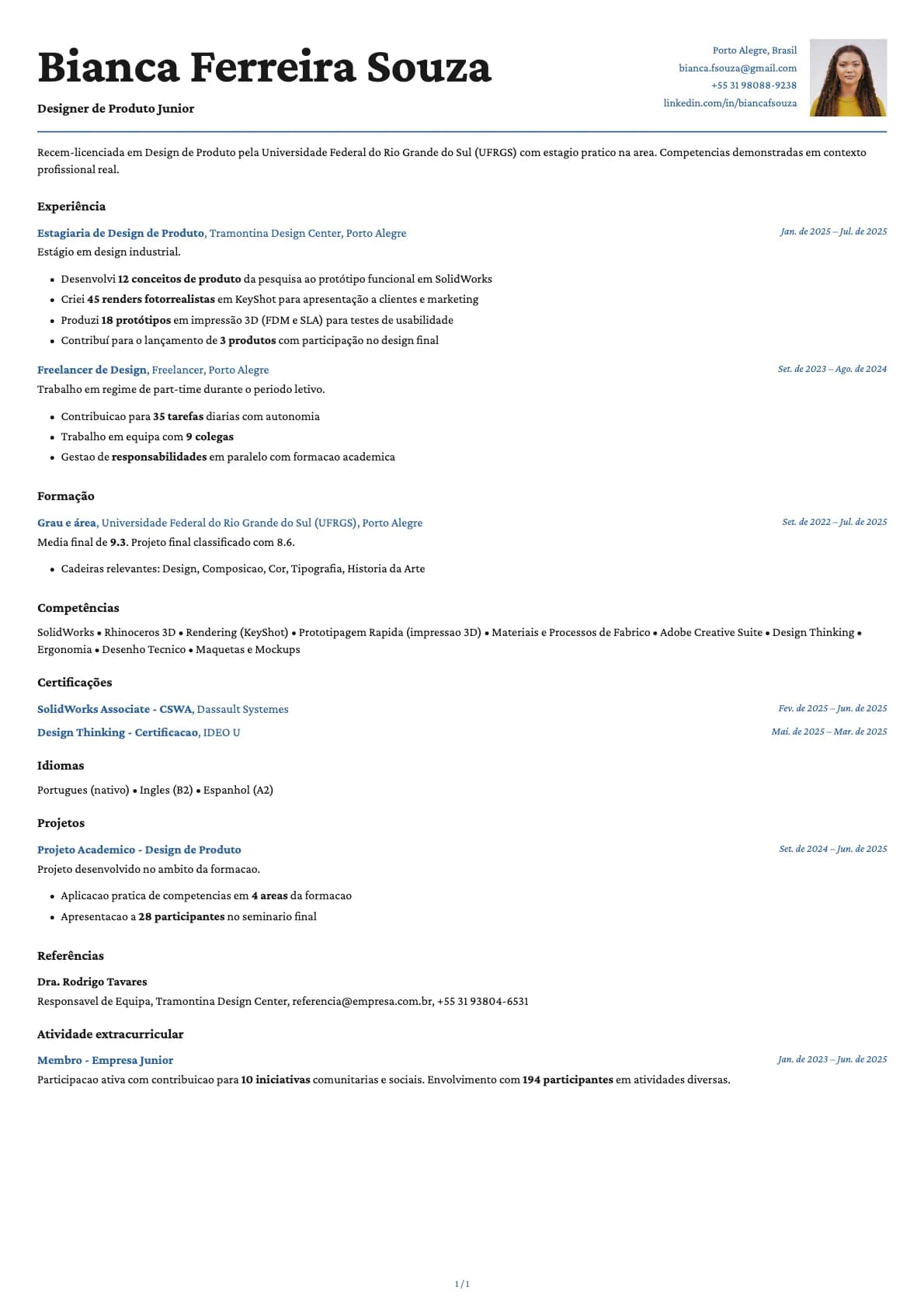 Designer de Produto Junior resume example