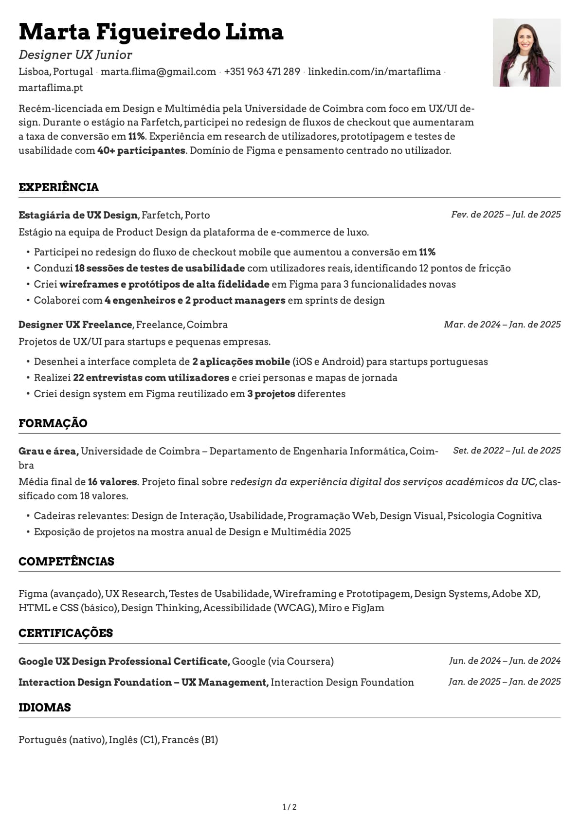 Designer UX Junior resume example