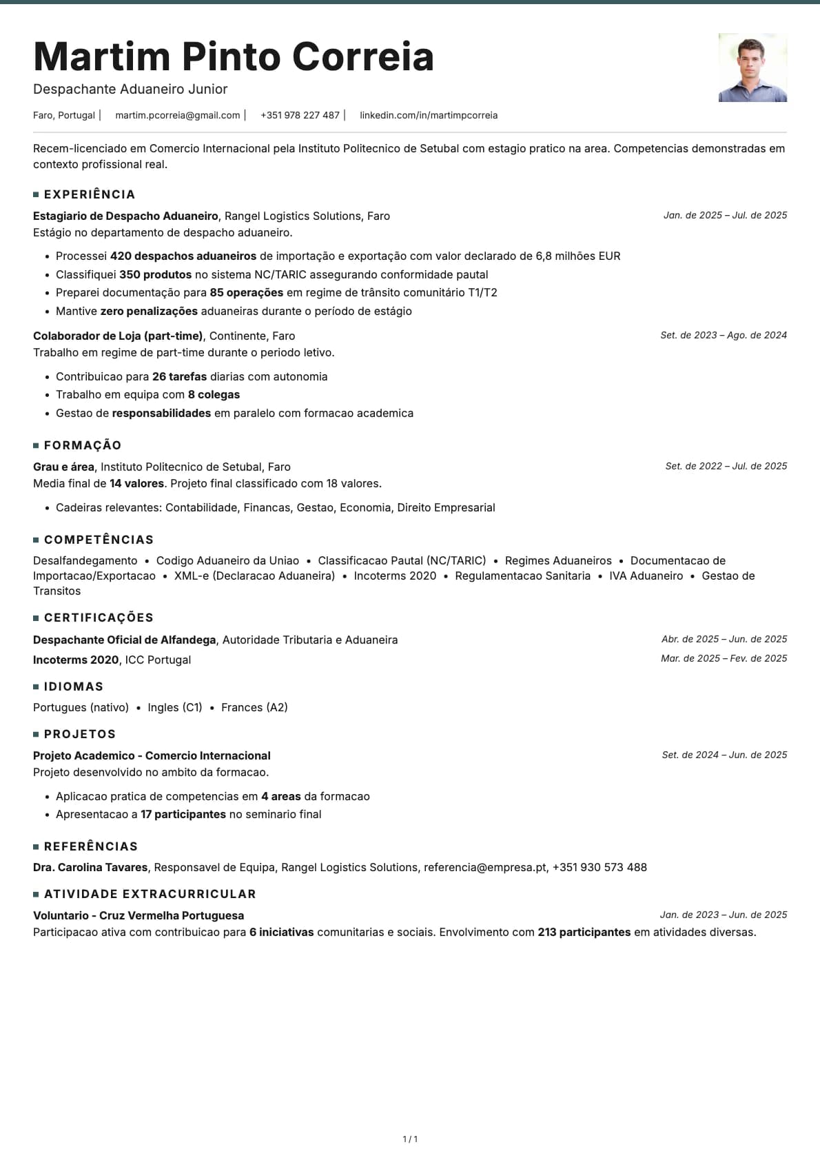 Despachante Aduaneiro Junior resume example