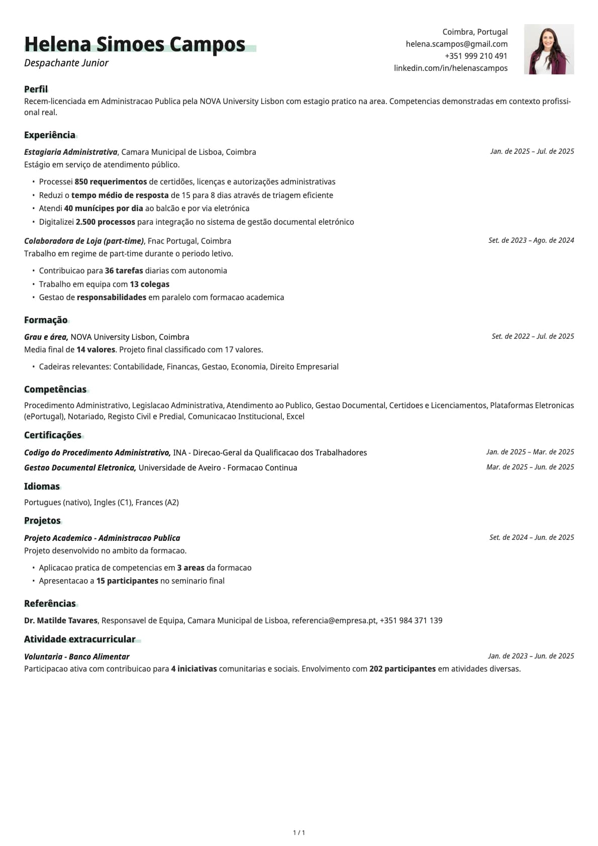 Despachante Junior resume example