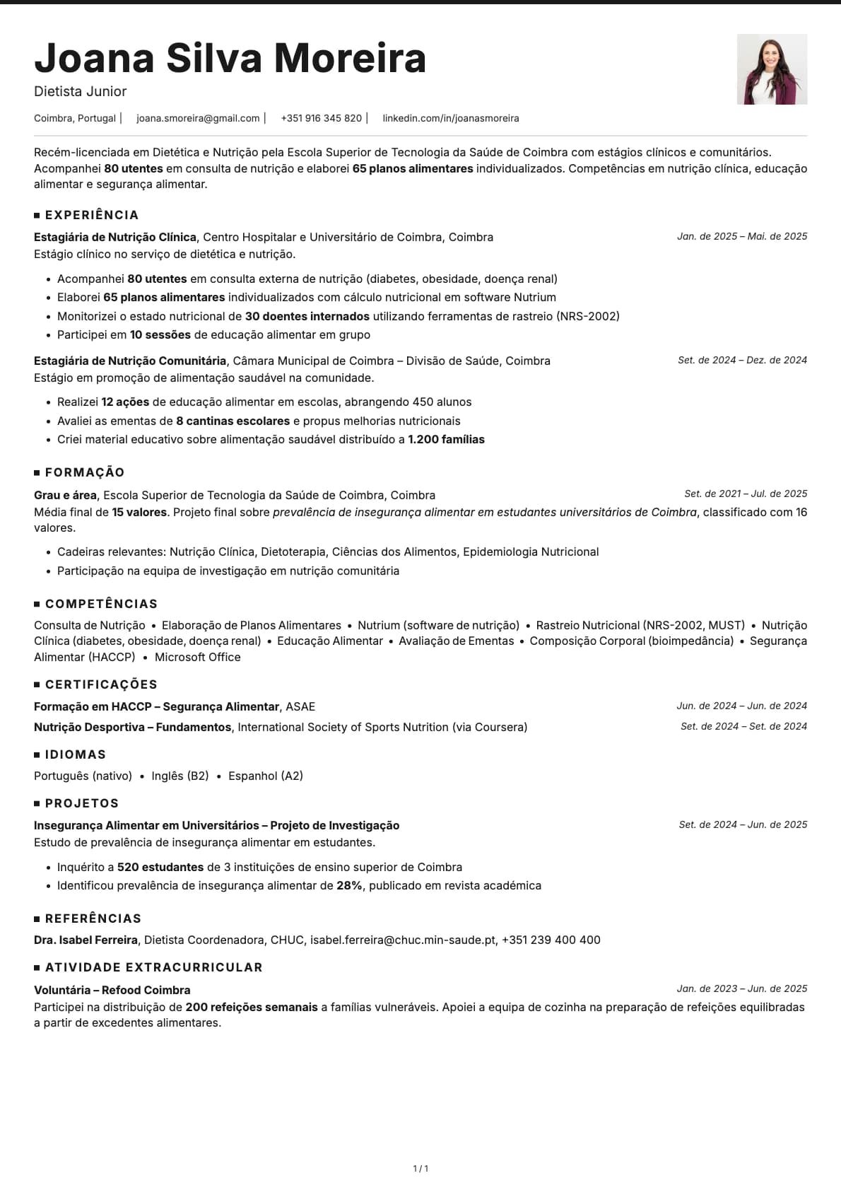 Dietista Junior resume example