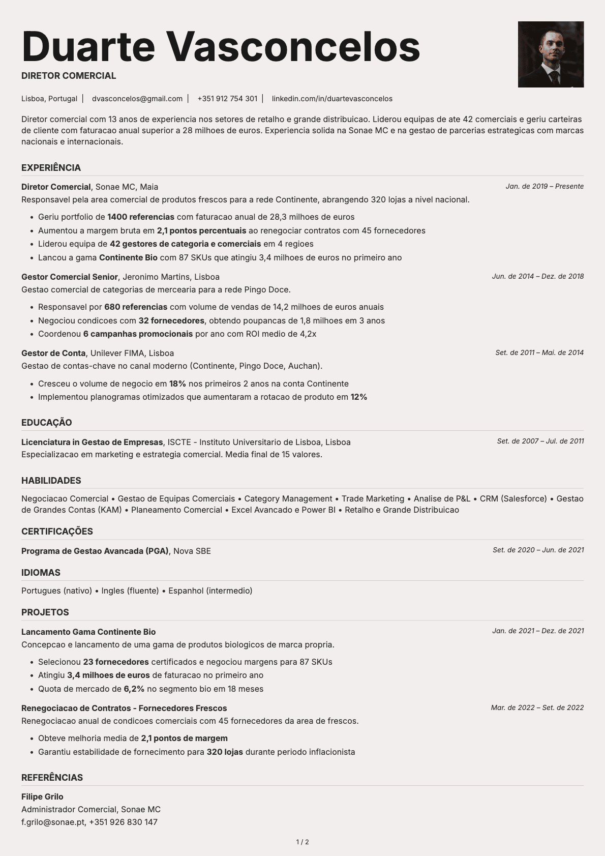 Diretor Comercial resume example