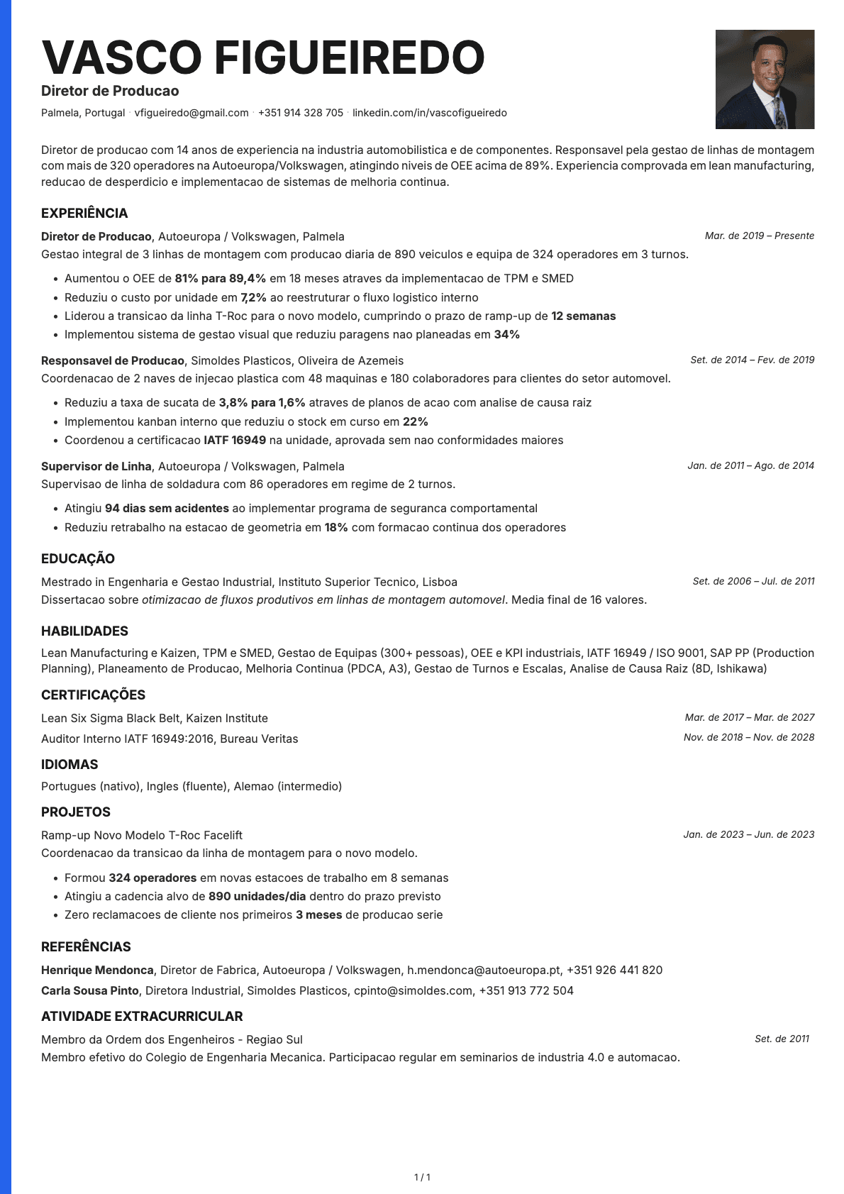 Diretor de Producao resume example