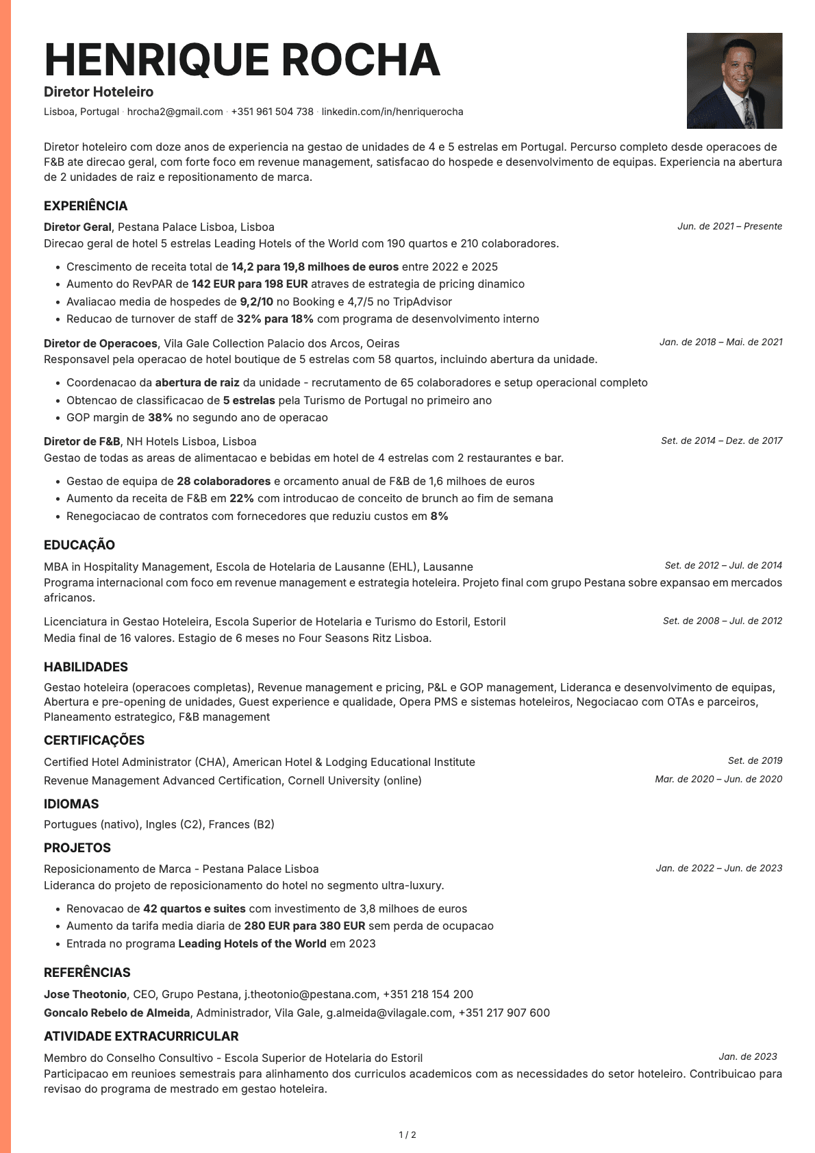Diretor Hoteleiro resume example