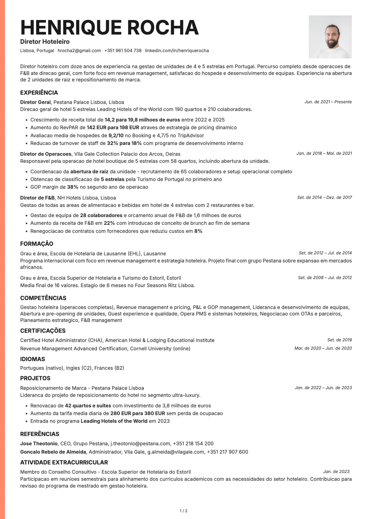 Diretor Hoteleiro resume example