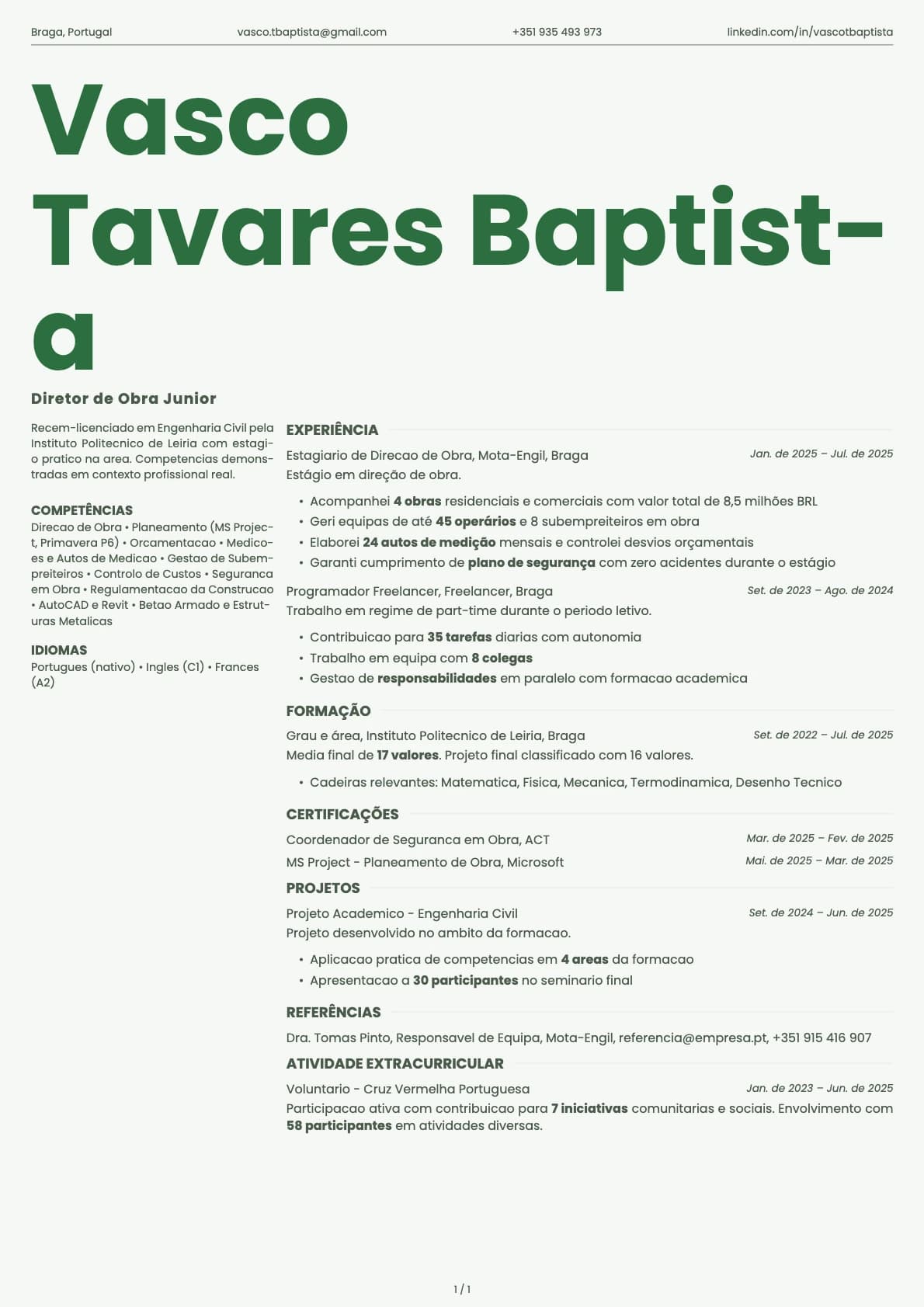 Diretor de Obra Junior resume example