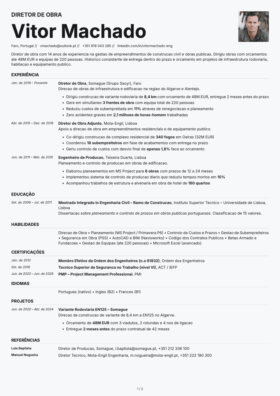 Diretor de Obra resume example