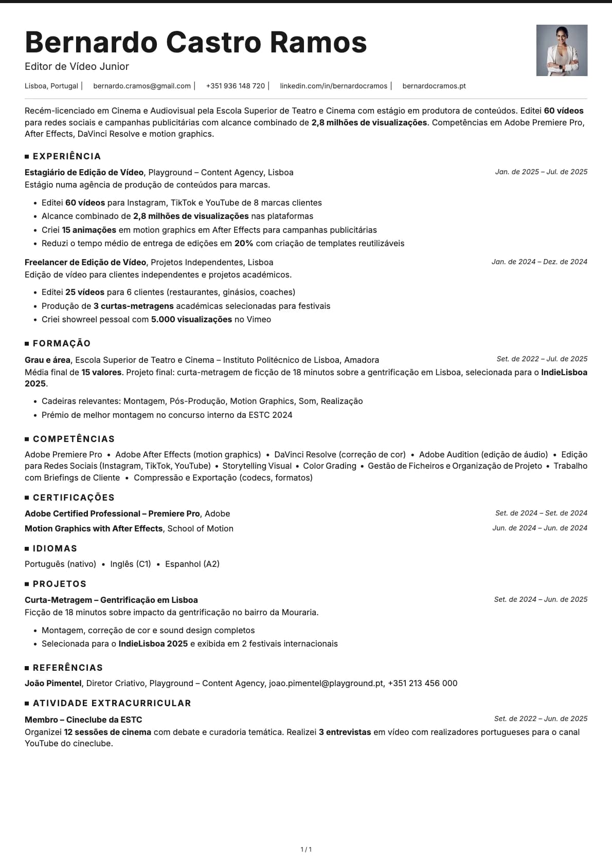 Editor de Video Junior resume example