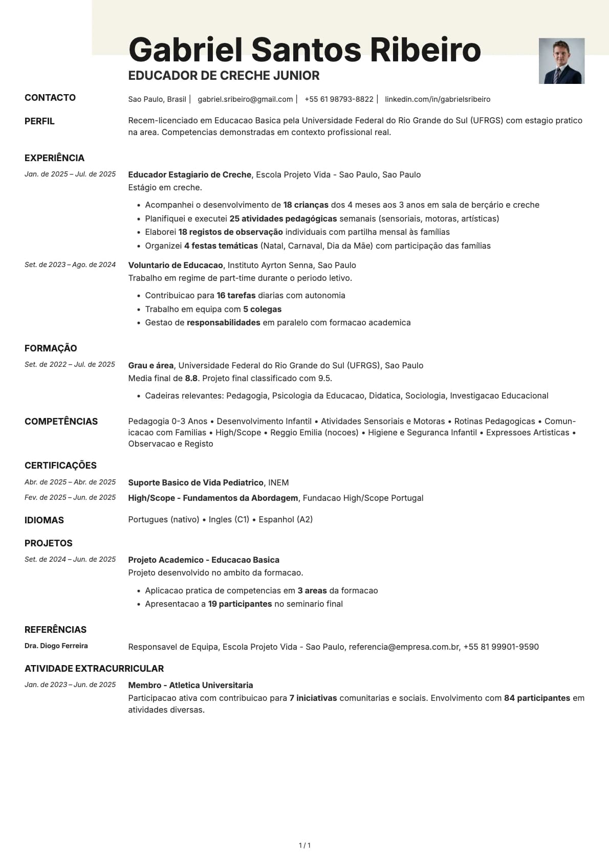 Educador de Creche Junior resume example
