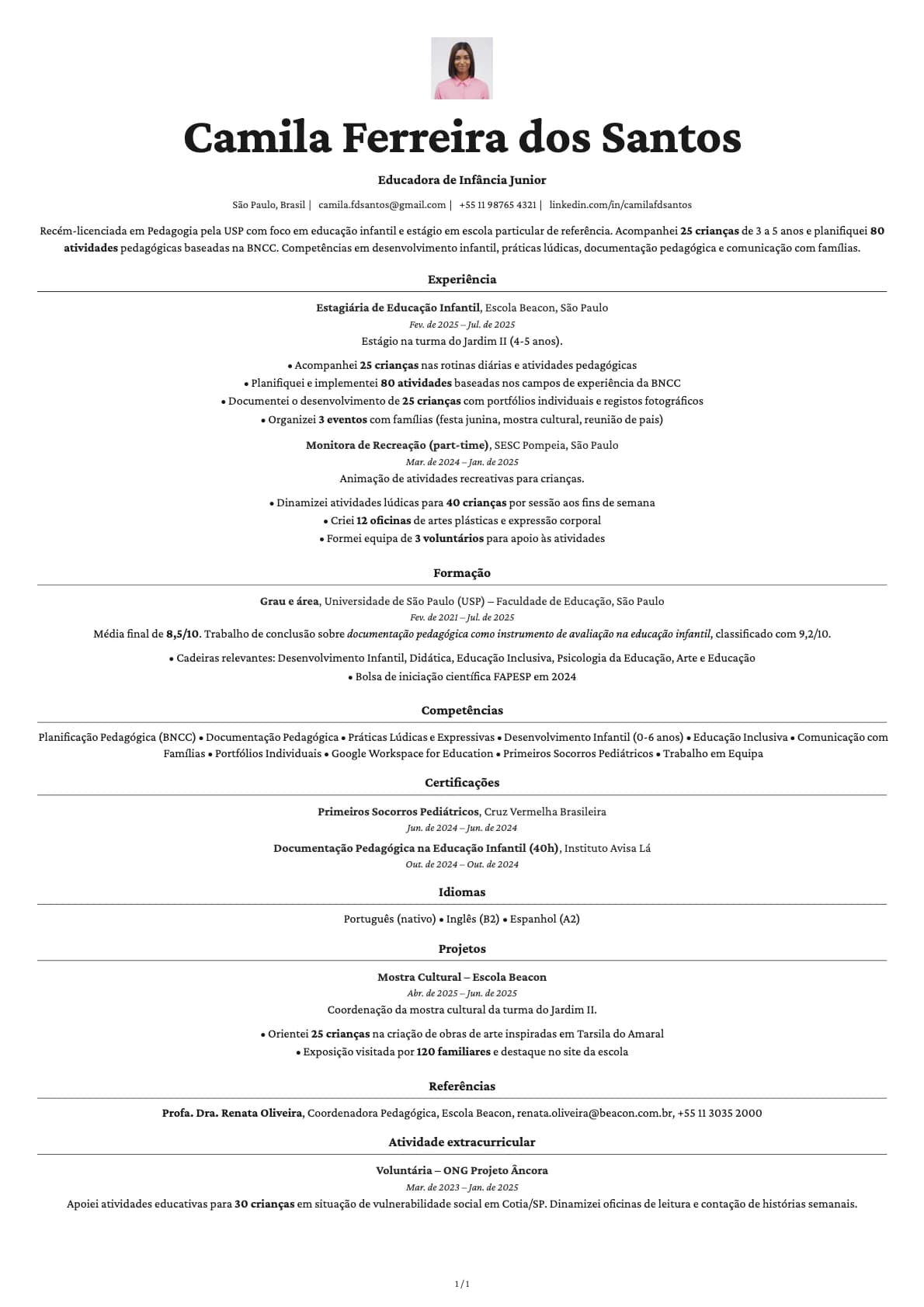 Educador de Infancia Junior resume example
