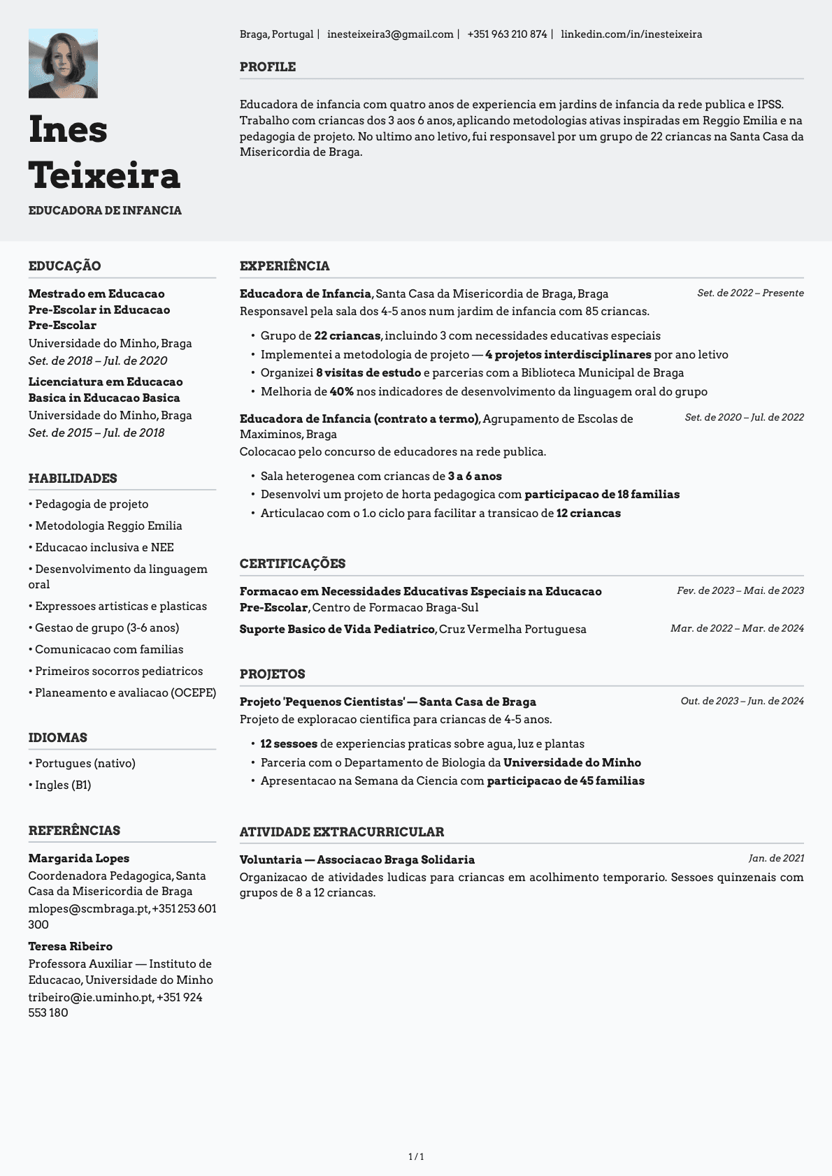 Educador de Infancia resume example