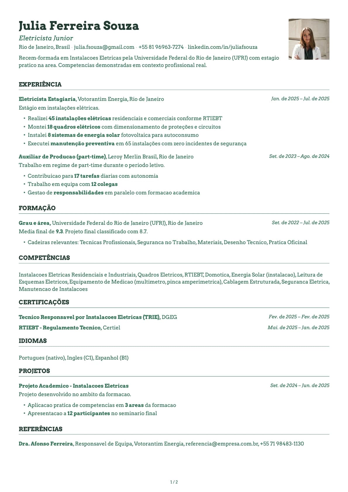 Eletricista Junior resume example