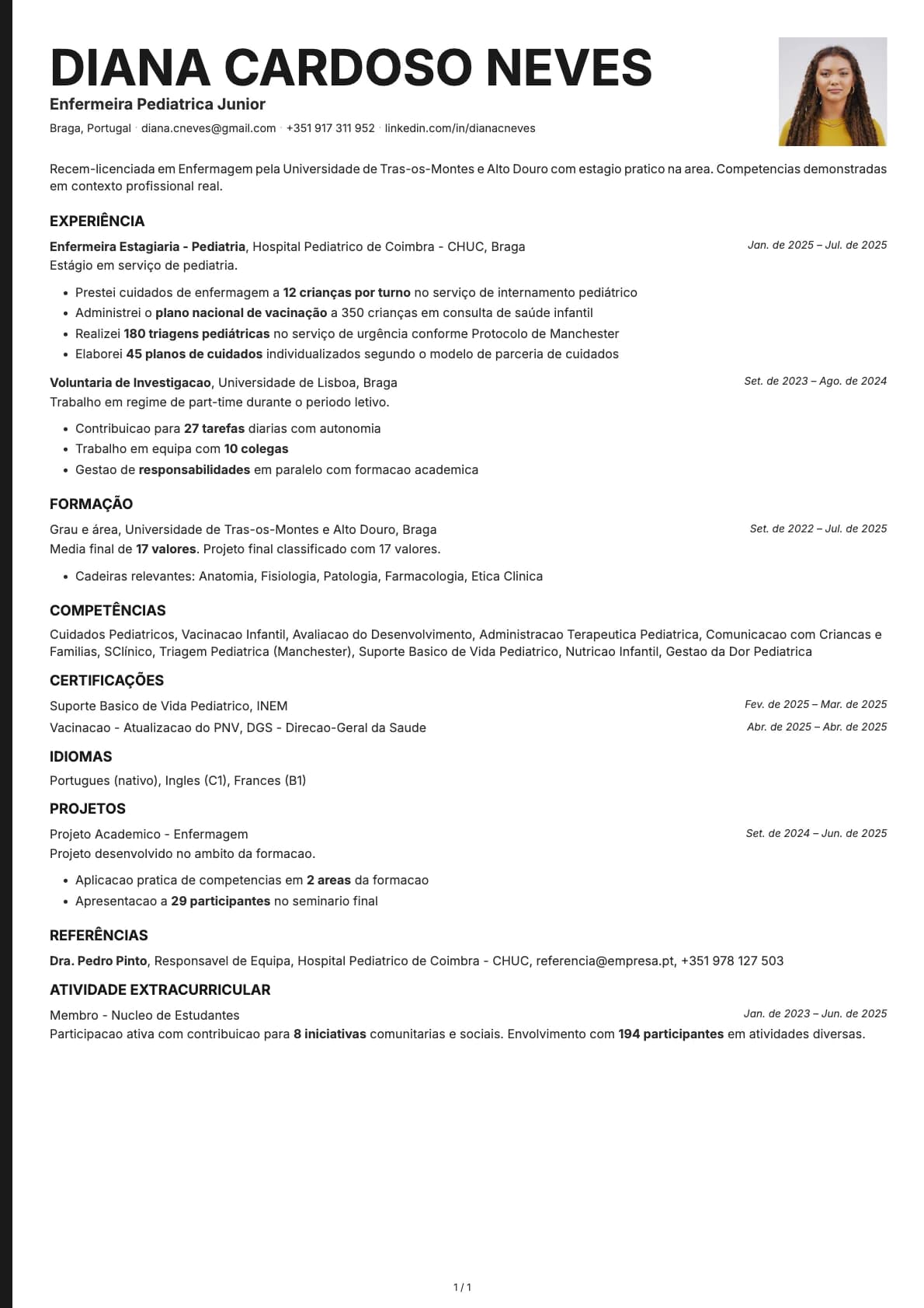 Enfermeira Pediatrica Junior resume example
