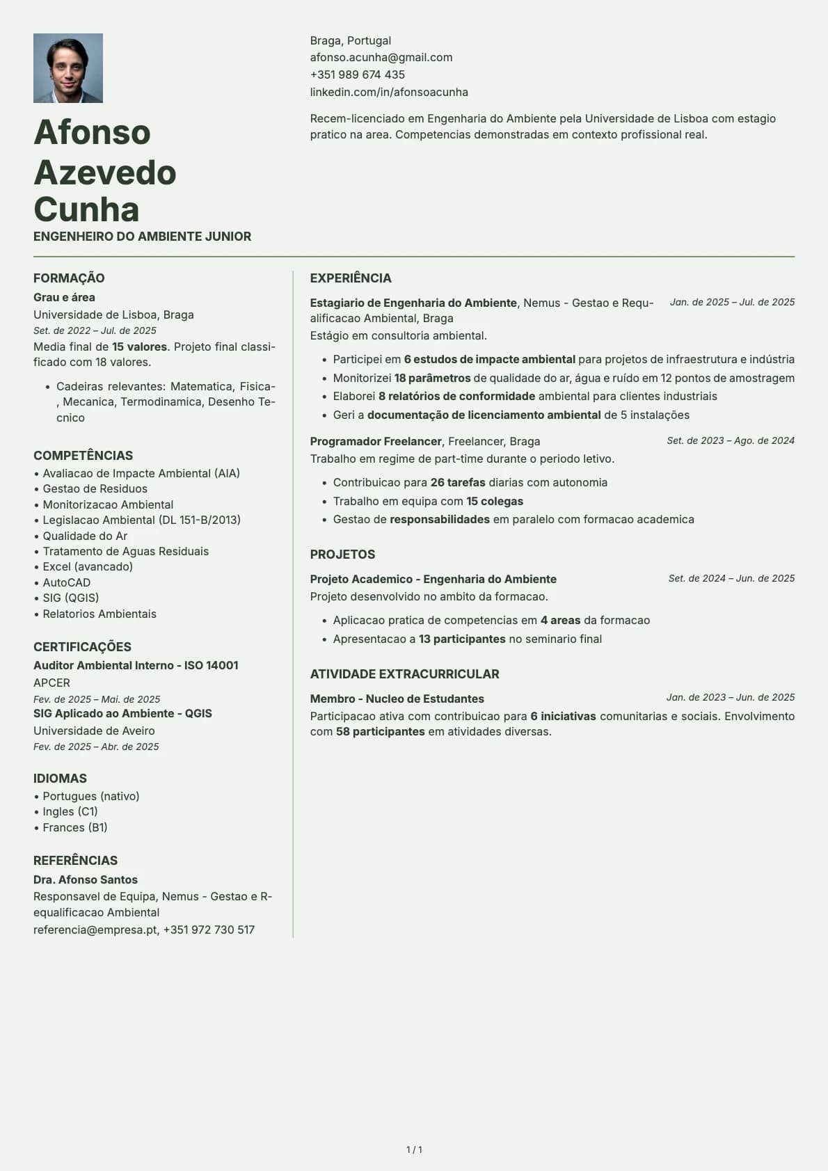 Engenheiro do Ambiente Junior resume example