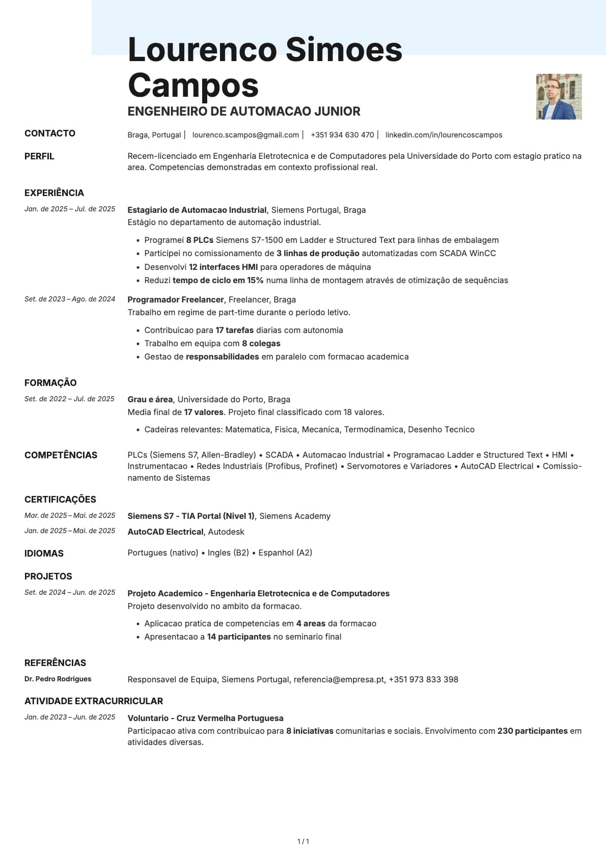 Engenheiro de Automacao Junior resume example