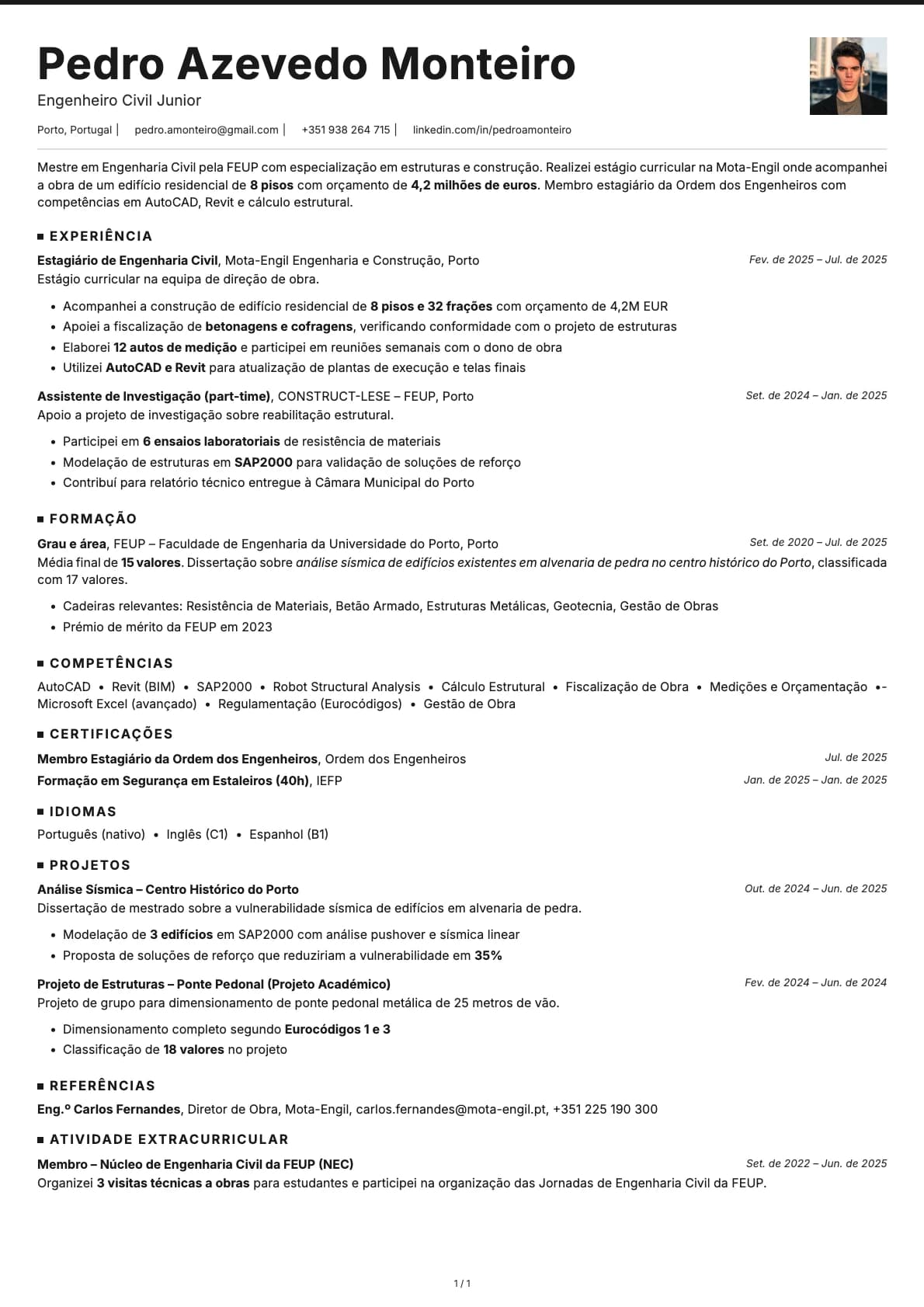 Engenheiro Civil Junior resume example