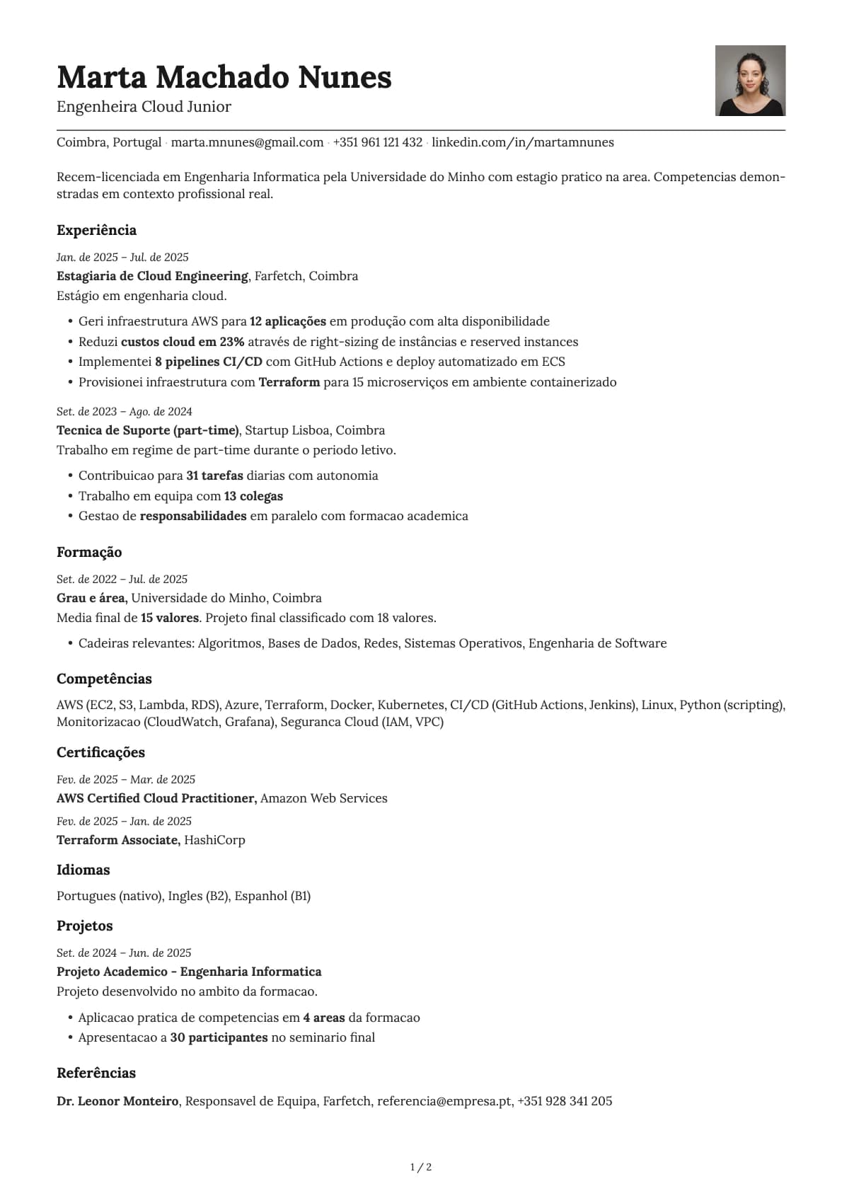 Engenheira Cloud Junior resume example