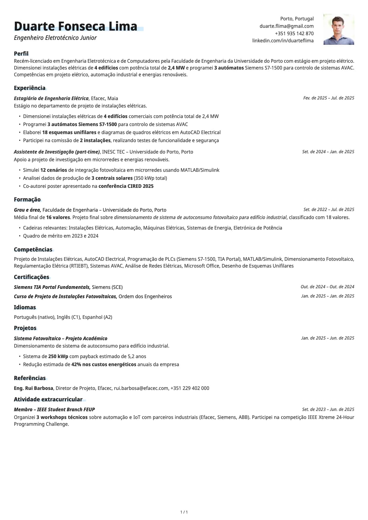 Engenheiro Eletrotecnico Junior resume example