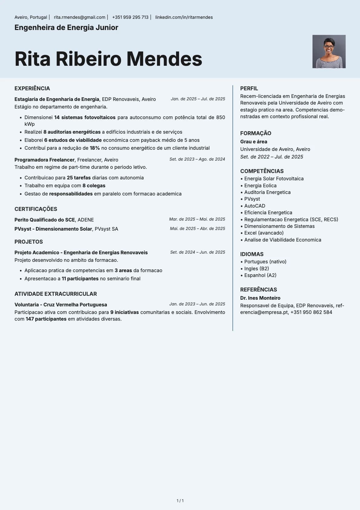 Engenheira de Energia Junior resume example