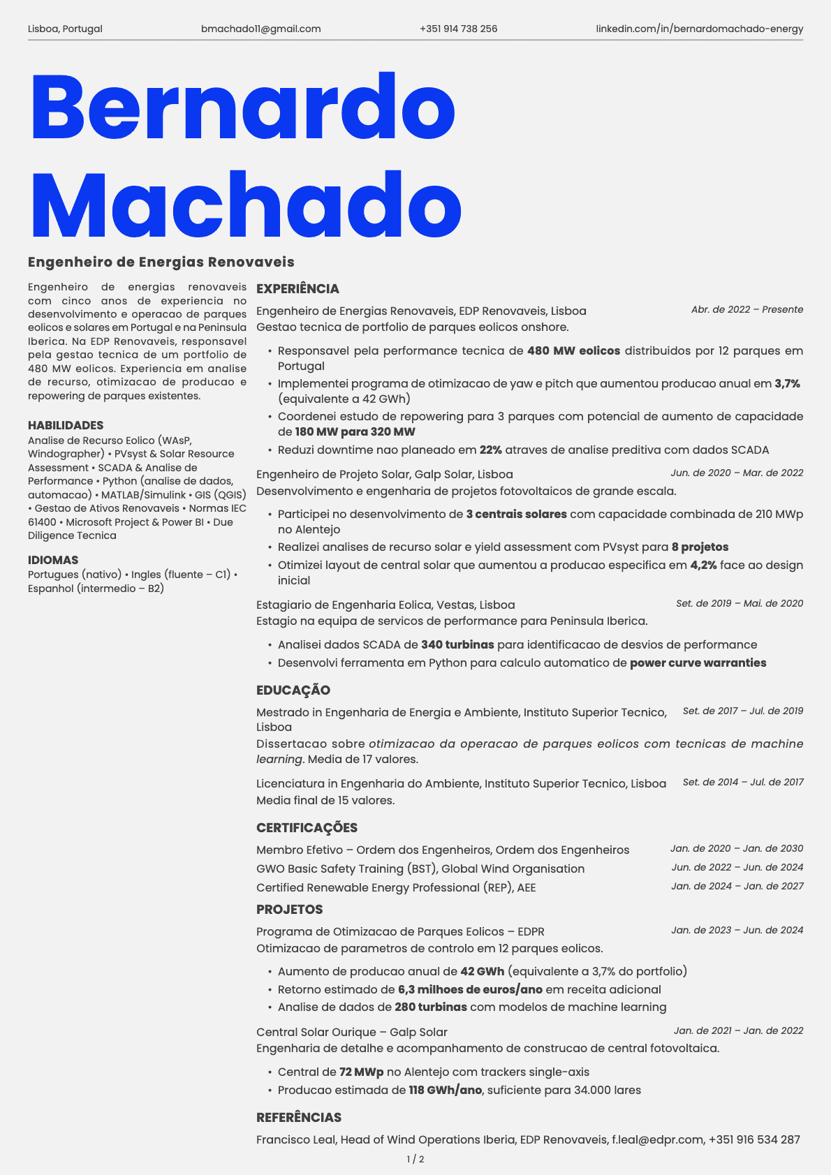 Engenheiro de Energias Renovaveis resume example