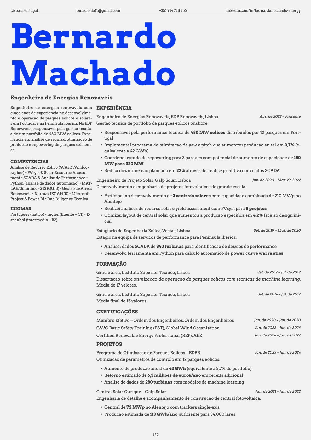 Engenheiro de Energias Renovaveis resume example