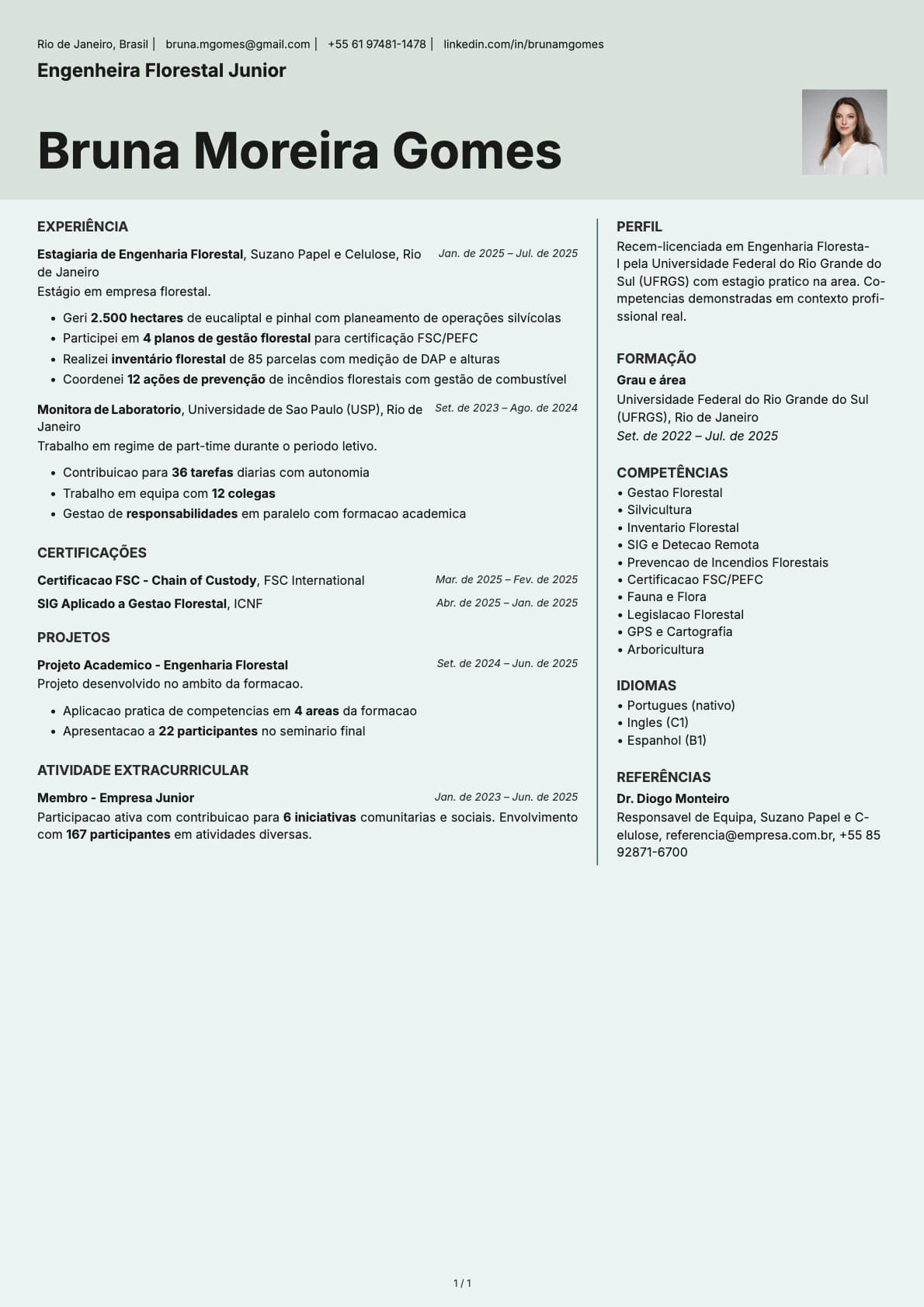 Engenheira Florestal Junior resume example