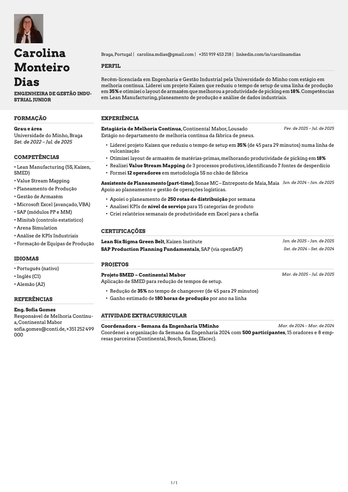 Engenheiro de Gestao Industrial Junior resume example