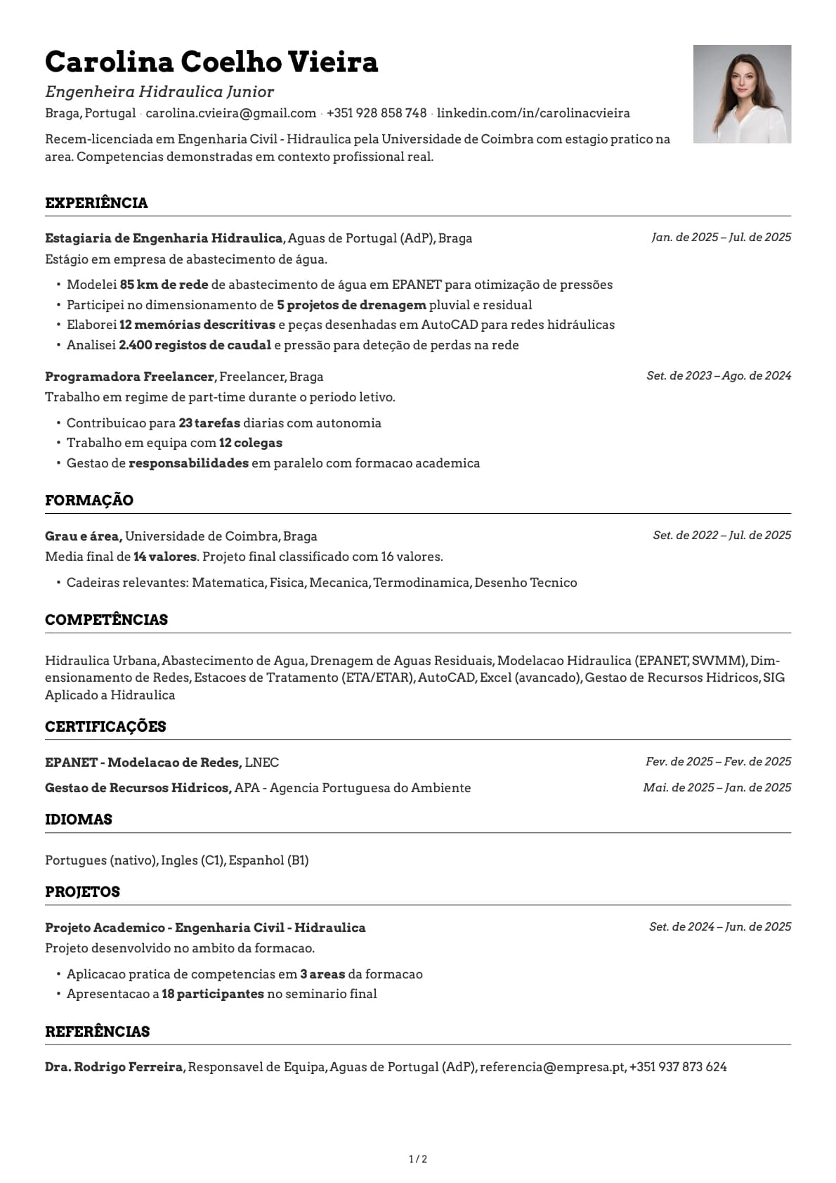 Engenheira Hidraulica Junior resume example