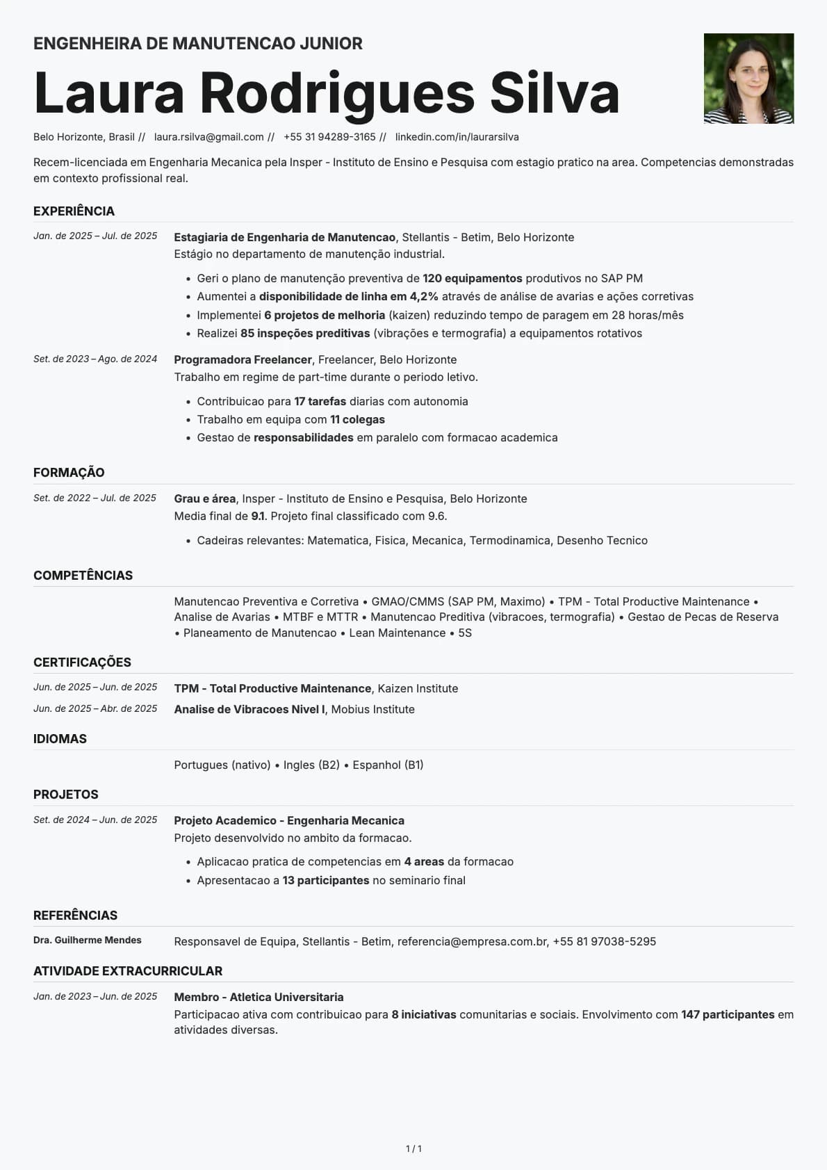Engenheira de Manutencao Junior resume example