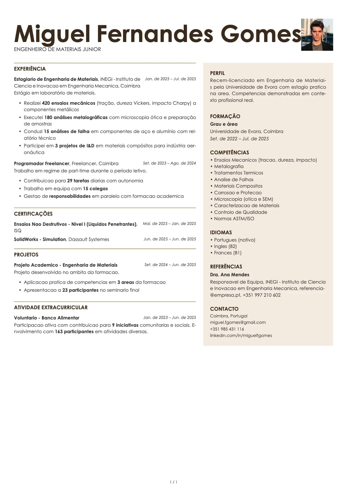 Engenheiro de Materiais Junior resume example